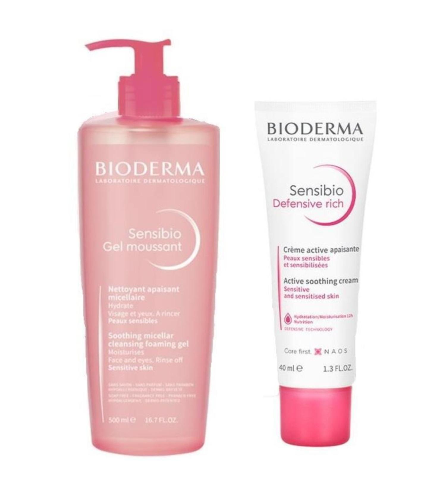 Bioderma Sensibio Sensitive Skin Washing Gel 500ml Defensive Rich Cream 40ml - Buy Online on GoSupps.com