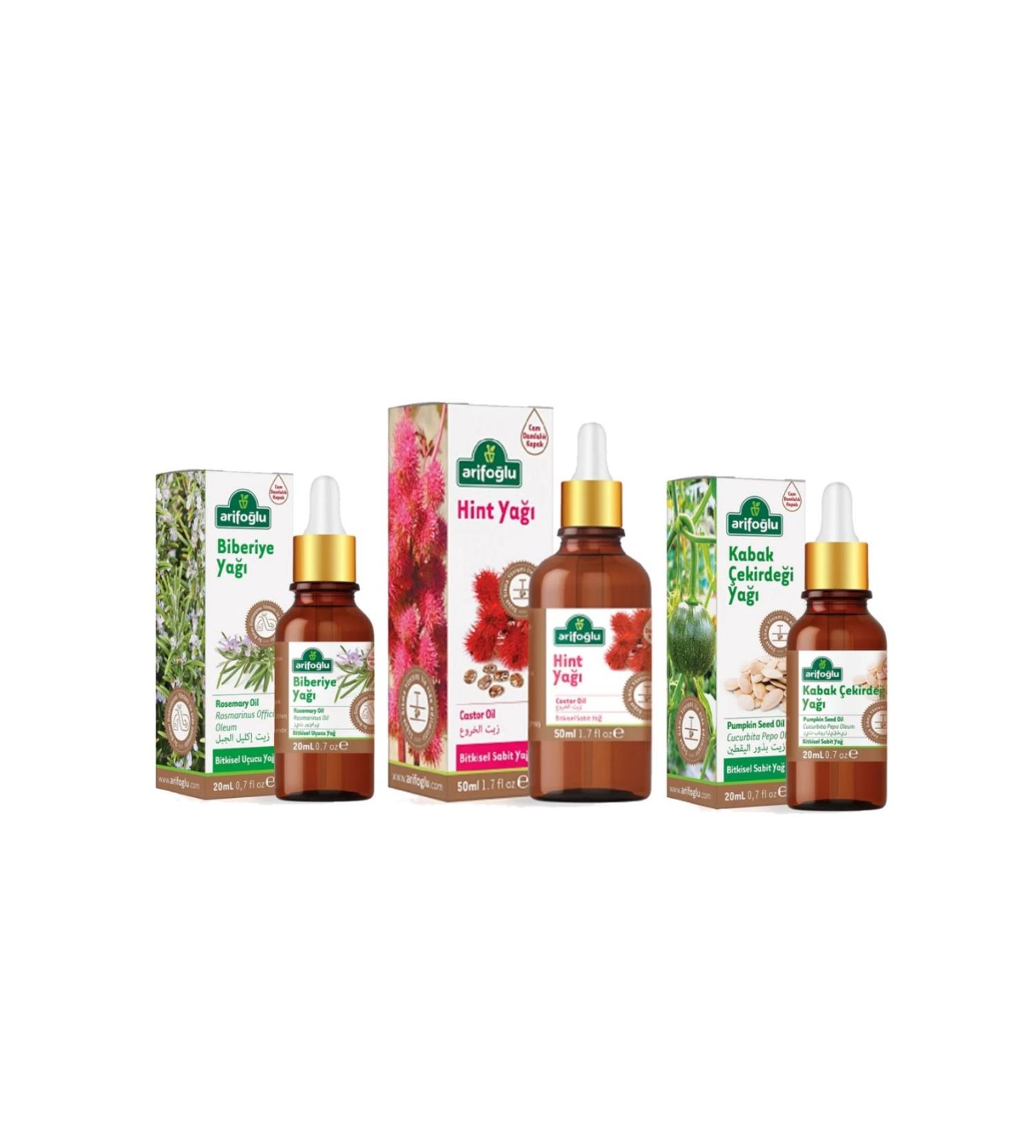 Arifo lu Rosemary Oil 20 ml - Castor Oil 50 ml - Pumpkin Seed Oil 20 ml. (Hair Care Set)