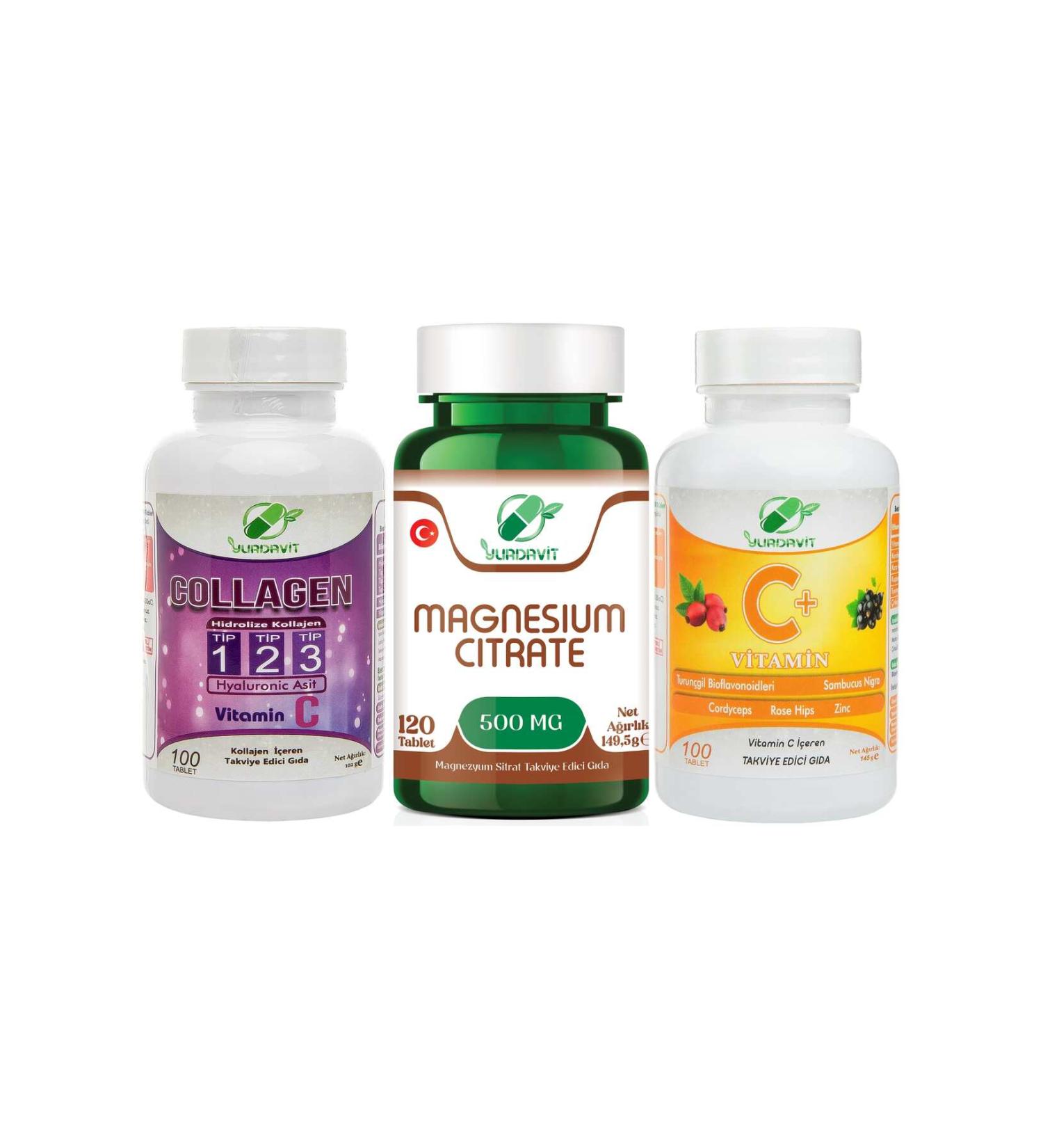 Yurdavit Collagen 900 mg Type 1-2-3 100 Tb - Magnesium Citrate 500 mg 120 Tb - Vitamin C 1000 mg 100 Tb