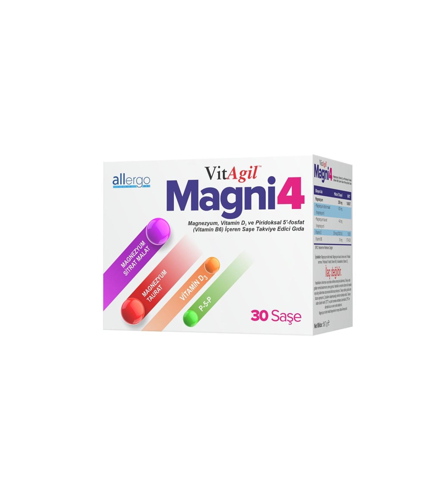 Allergo VitAgil Magni4 Magnesium Vitamin D3 and Vitamin B6 Containing 30 Sachets of Supplementary Food