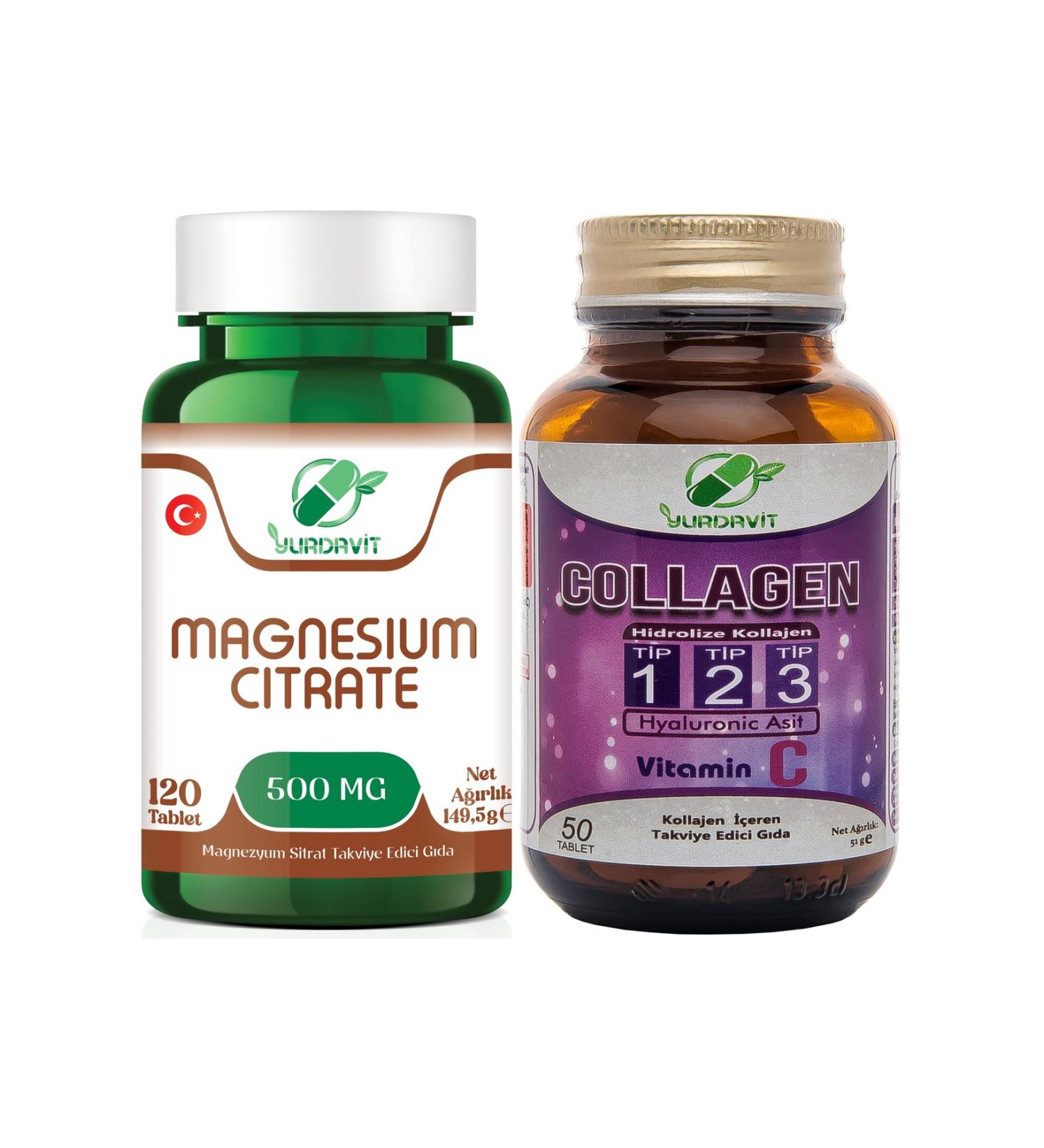 Yurdavit Magnesium Citrate 500 mg 120 Tablets and Hydrolyzed Collagen Type 1-2-3 50 Tablets