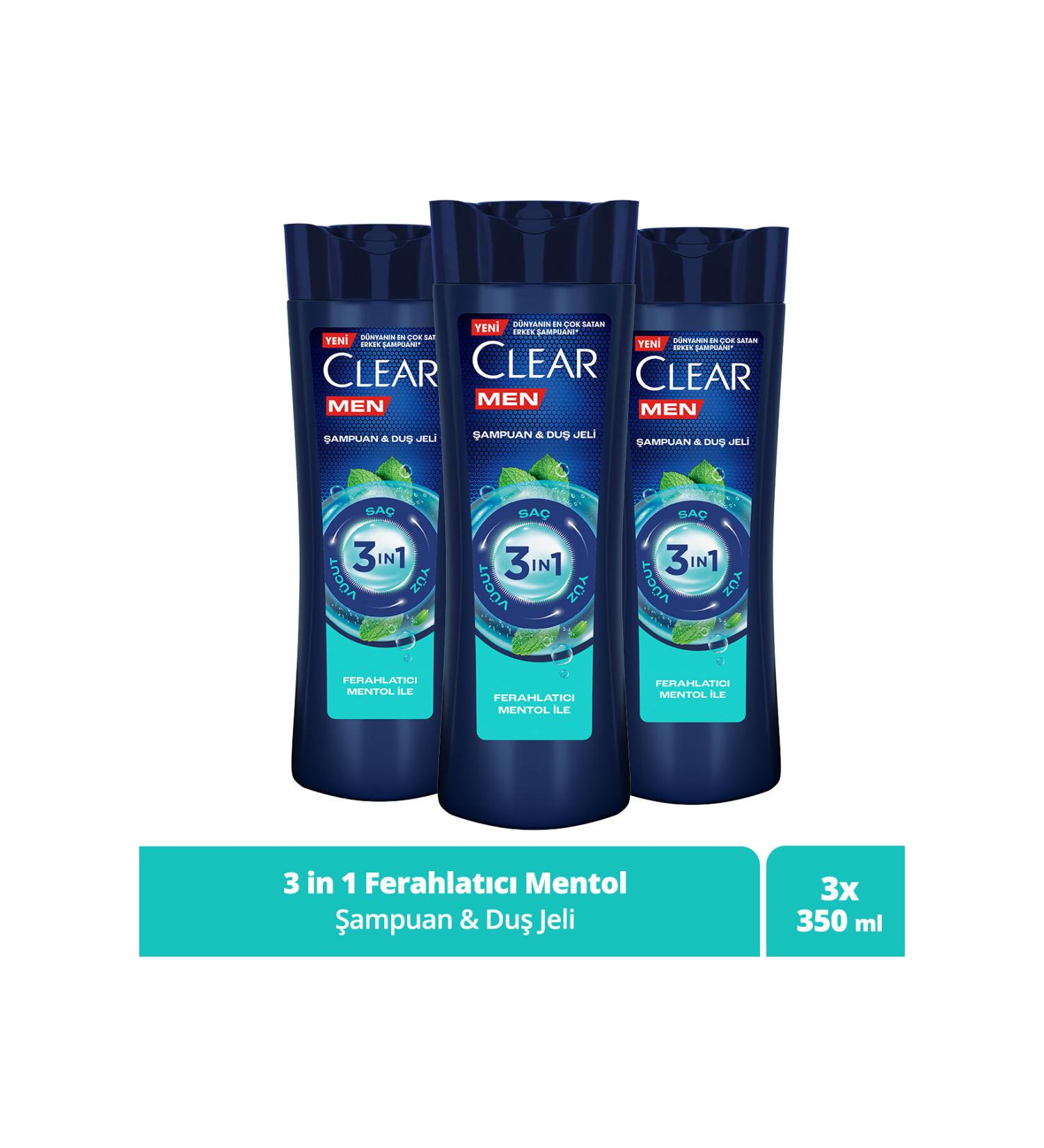 Clear Men 3 In 1 Shampoo & Shower Gel Refreshing Menthol For Hair Face Body 350ml X3 - Buy Online on GoSupps.com