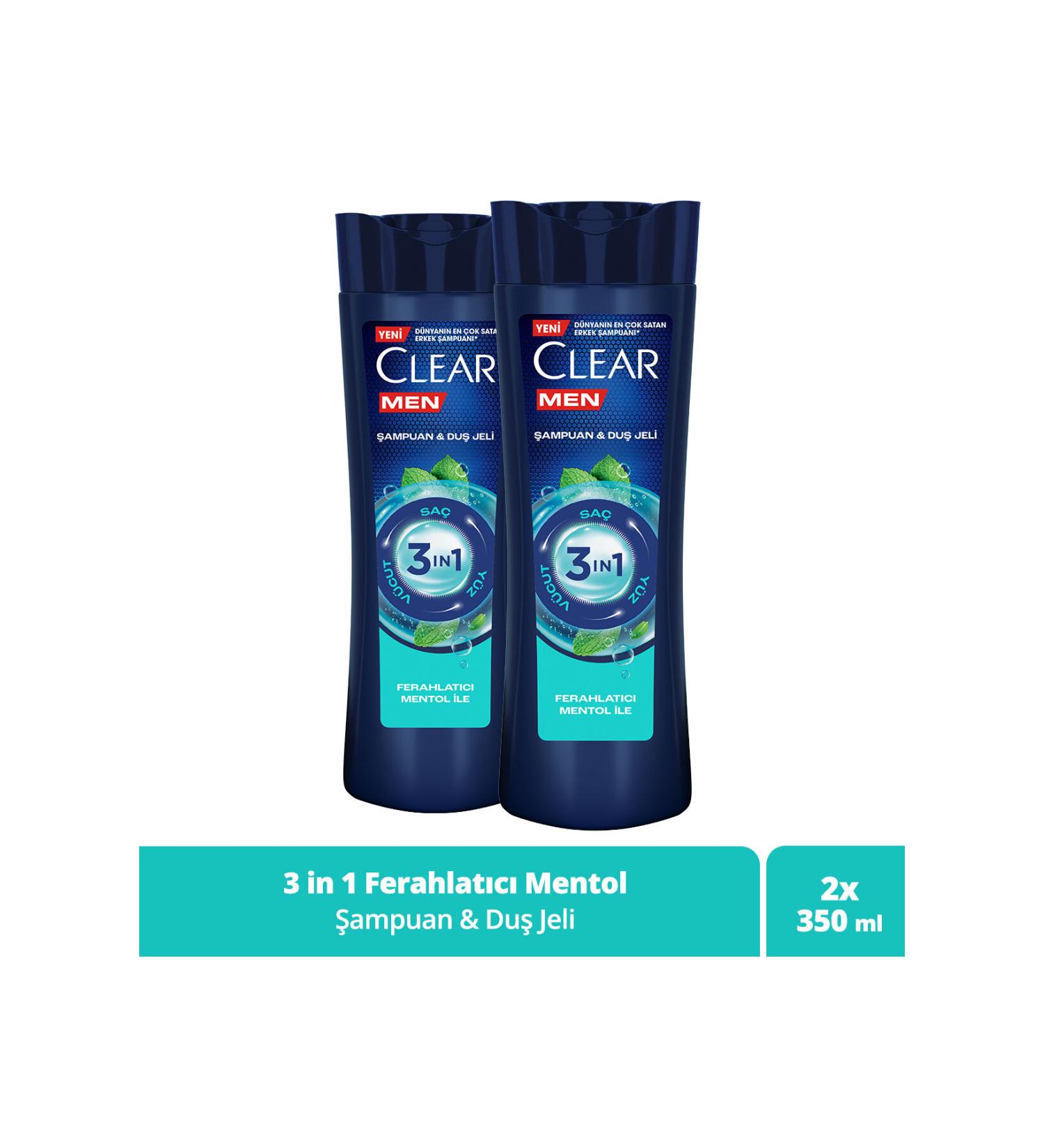 Clear Men 3 in 1 Shampoo & Shower Gel Refreshing Menthol For Hair Face Body 350 ml x2 - Buy Online on GoSupps.com