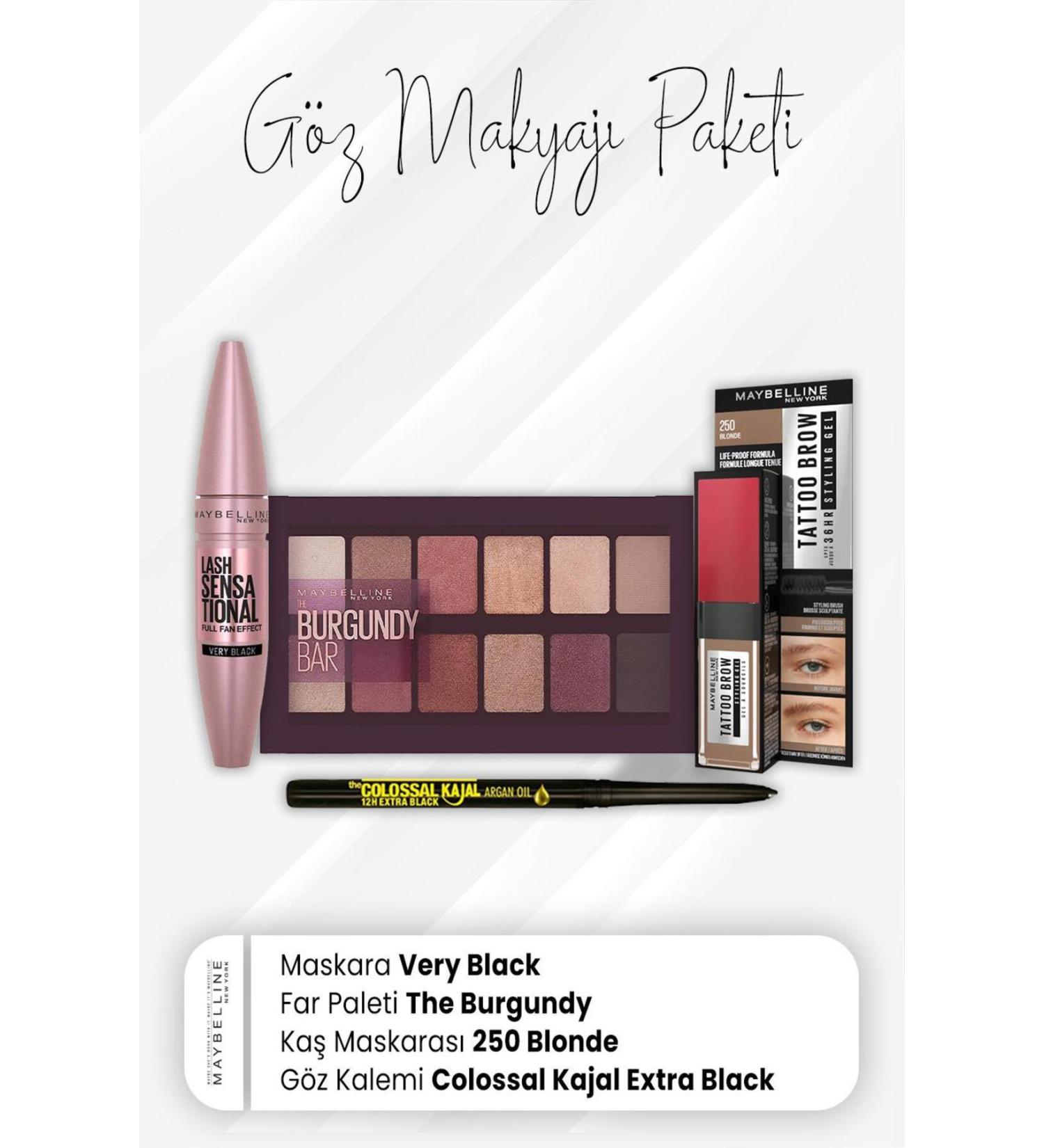 Maybelline New York Colossal Eye Pencil Tatto Eyebrow Paint 250 Eyeshadow Palette Burgundy and Full Fan Maska