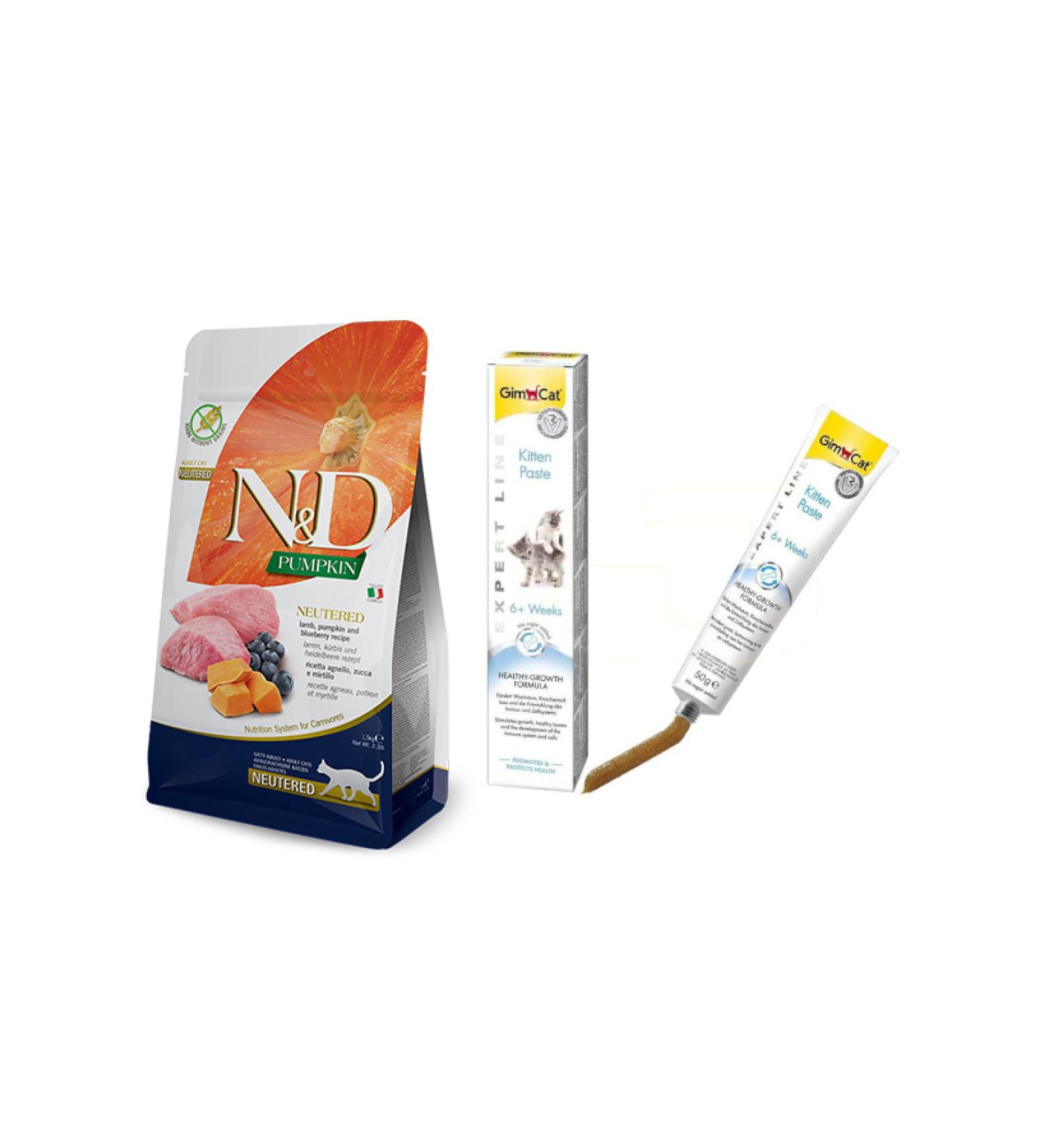 N & D Grain-Free Sterilized Lamb Cat Food 3 kg + Gimcat Kitten Paste 50 gr