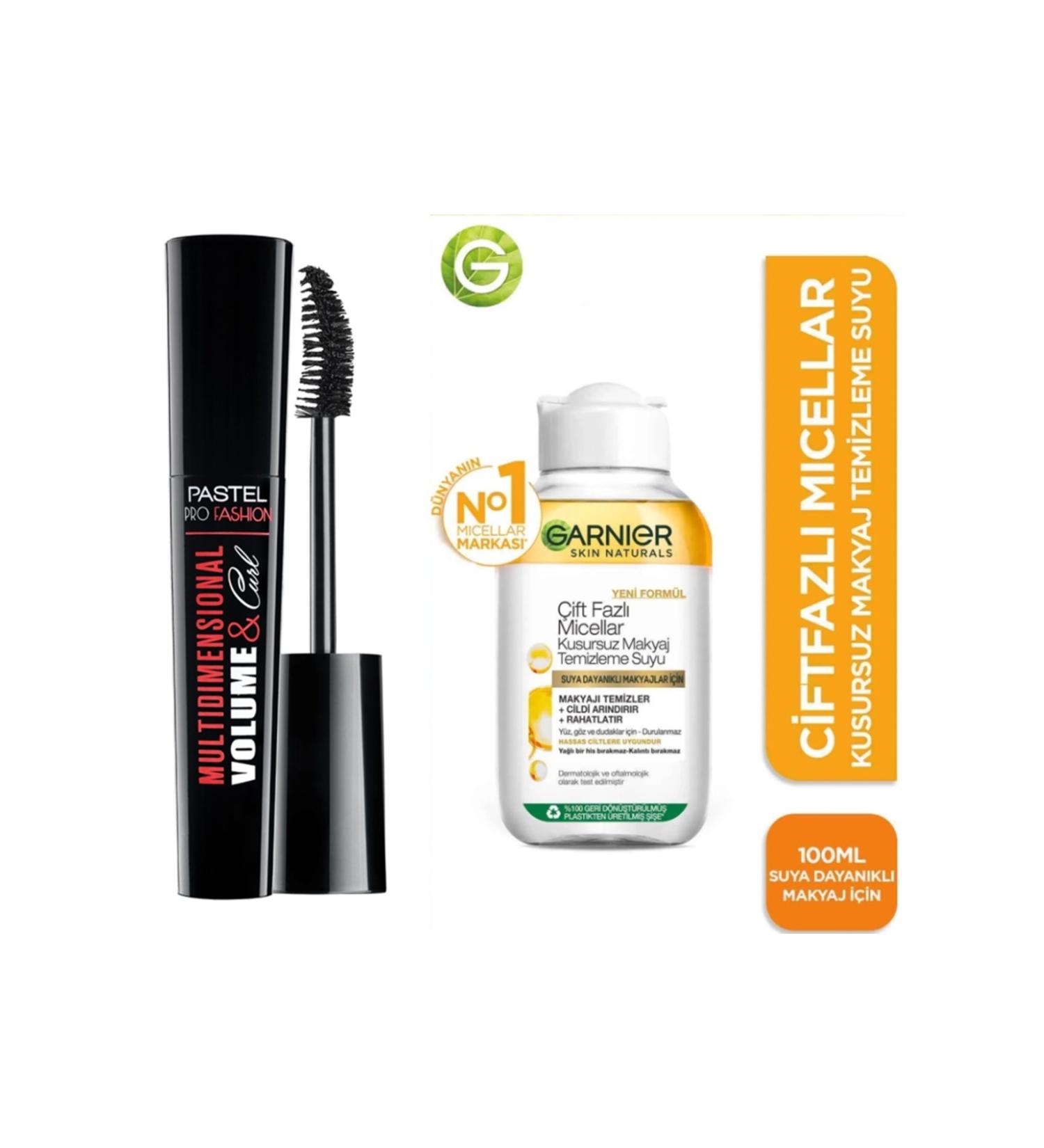 Pastel Multidimensional Volume&Curl Mascara - Mascara + Garnier Micellar Make-Up Remover Water 100ml