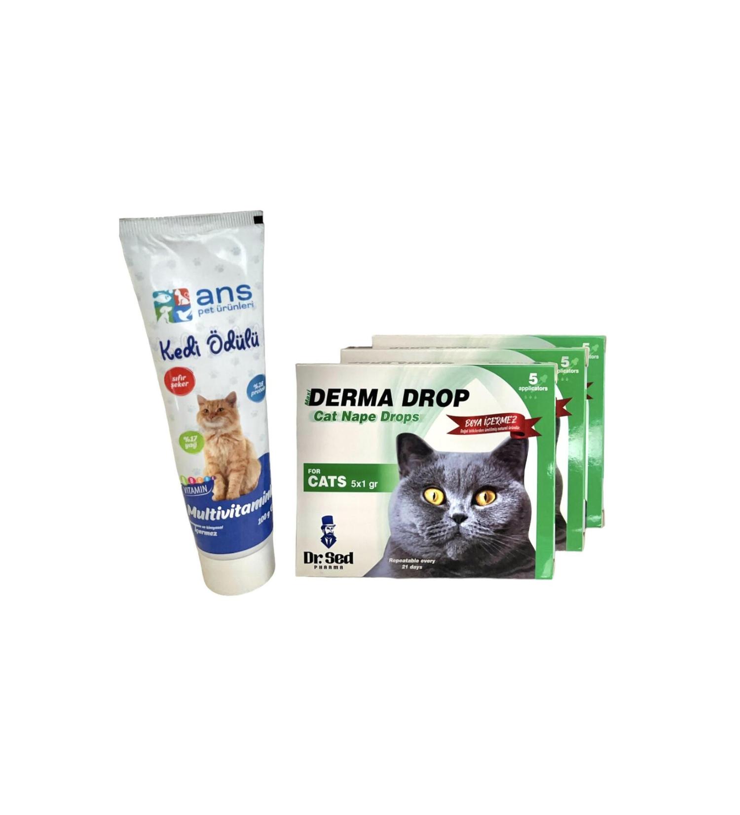 Dr.Sed Maxi Derma Cat External Parasite Neck Drops Skin Care 3 Boxes + Ans Cat Reward Food Multivitamin 100gr