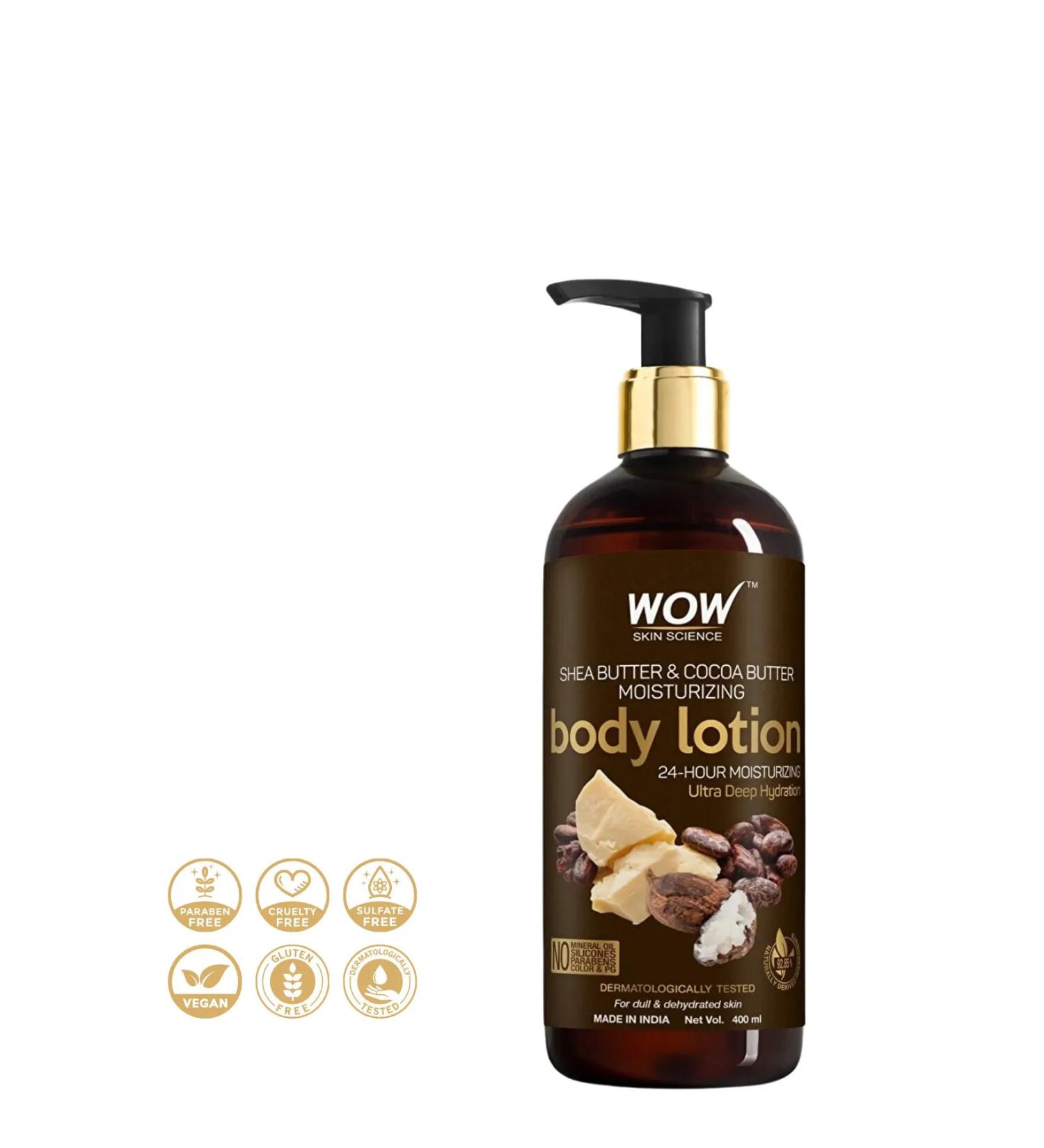 WOW Skin Science Shea Butter & Cocoa Butter Moisturizing Body Lotion - 85 Natural Ingredients - Deep Moisturizing 400ml - Buy Online on GoSupps.com