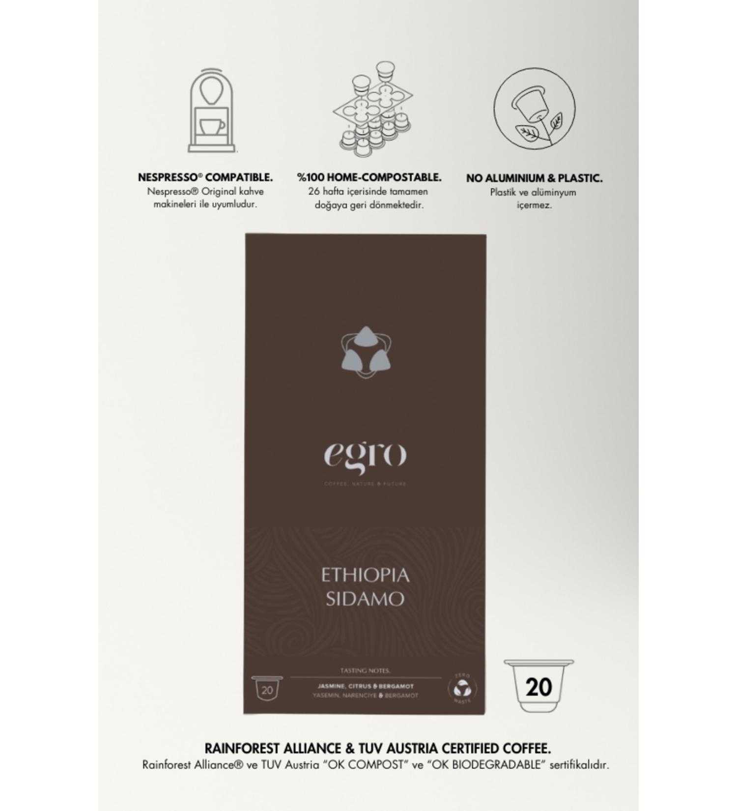 EGRO Ethiopia Sidamo - Nespresso Compatible 100% Compostable Coffee Capsules 20 Pieces