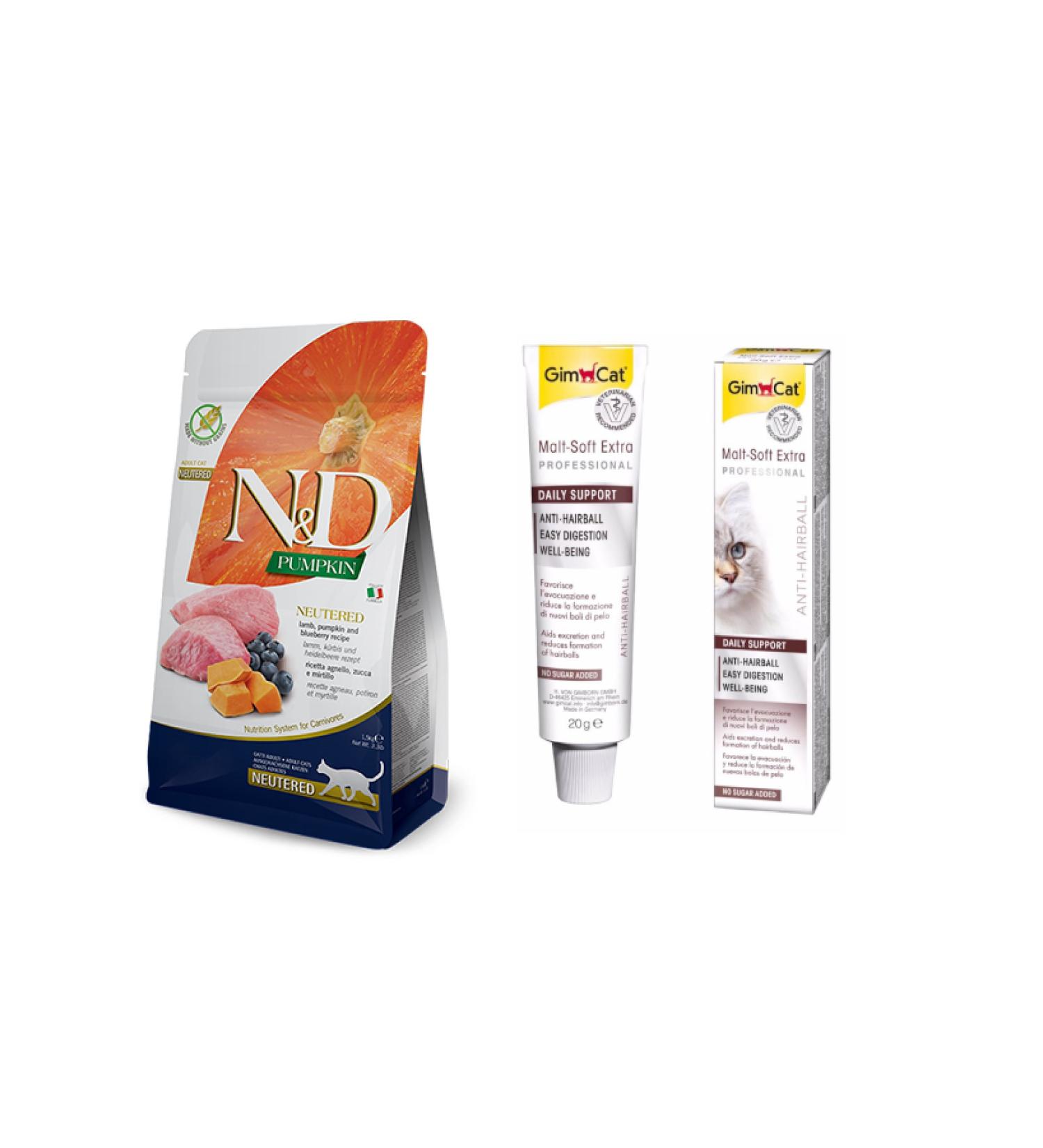 N & D Grain-Free Sterilized Lamb Cat Food 3 kg + Gimcat Malt 20 gr