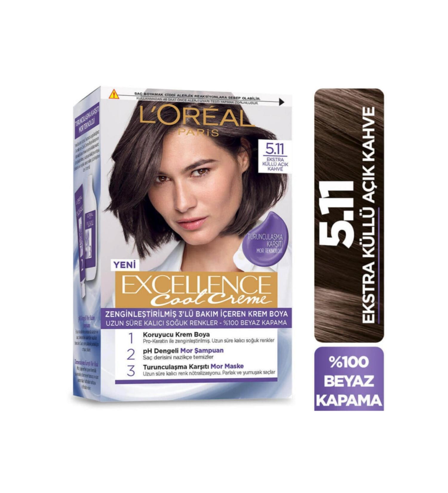 L'Oreal Paris Excellence Cool Creme Anti-Orange Hair Dye 5.11 Extra Ash Light Brown - Buy Online on GoSupps.com