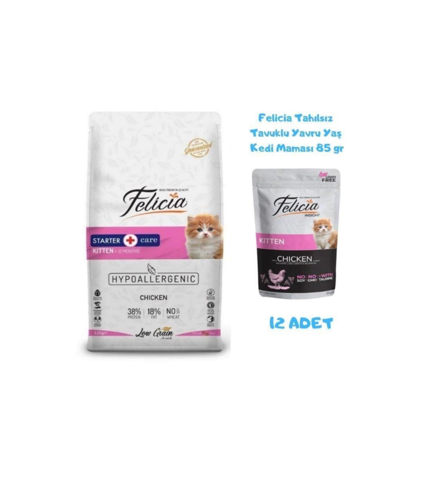 Felicia Kitten Chicken Kitten Cat Food 12 Kg + Wet Food 85 Gr (12 Pieces)