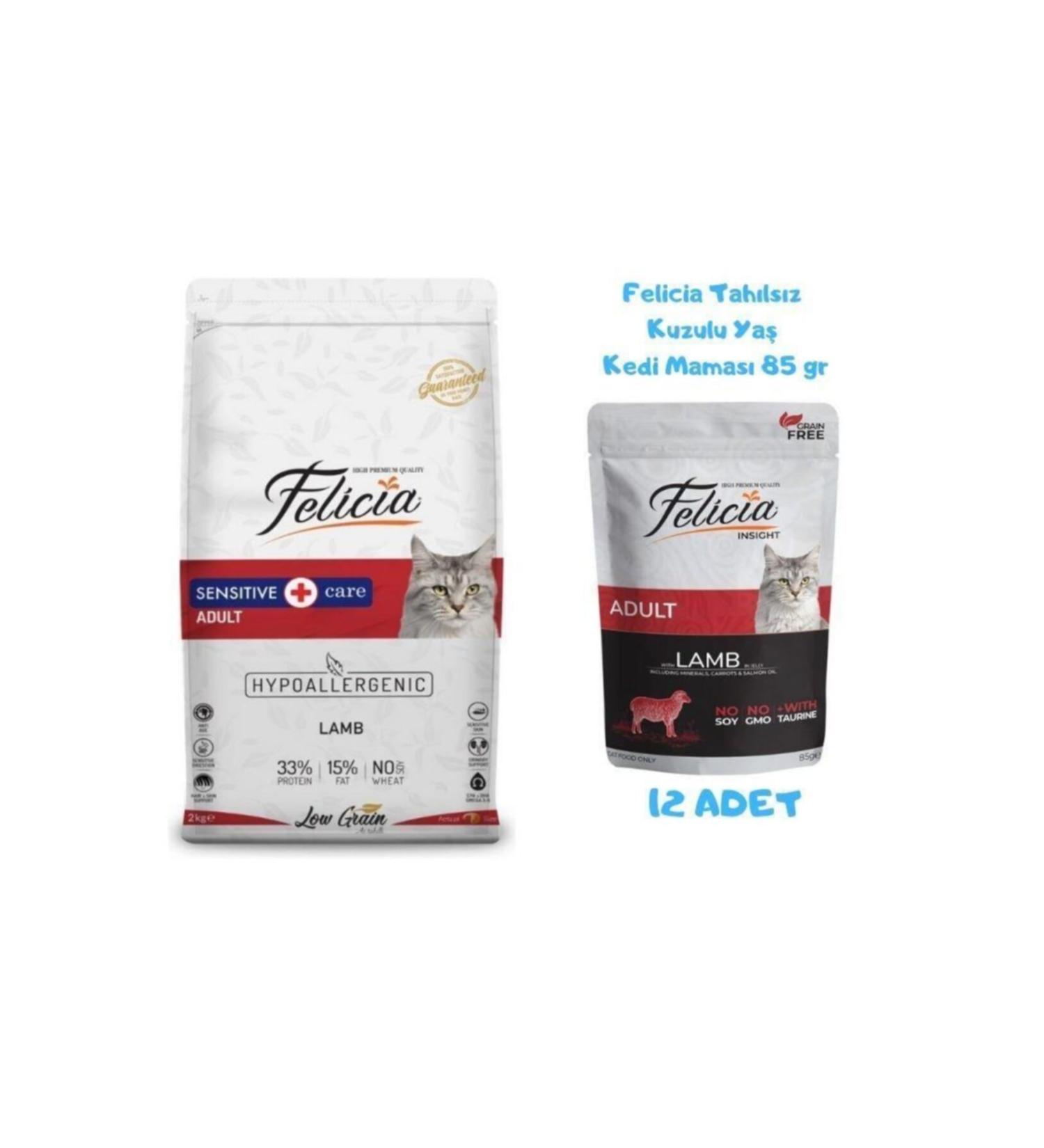 Felicia Lamb Adult Cat Food 12 Kg + Wet Food 85 Gr (12 Pieces)