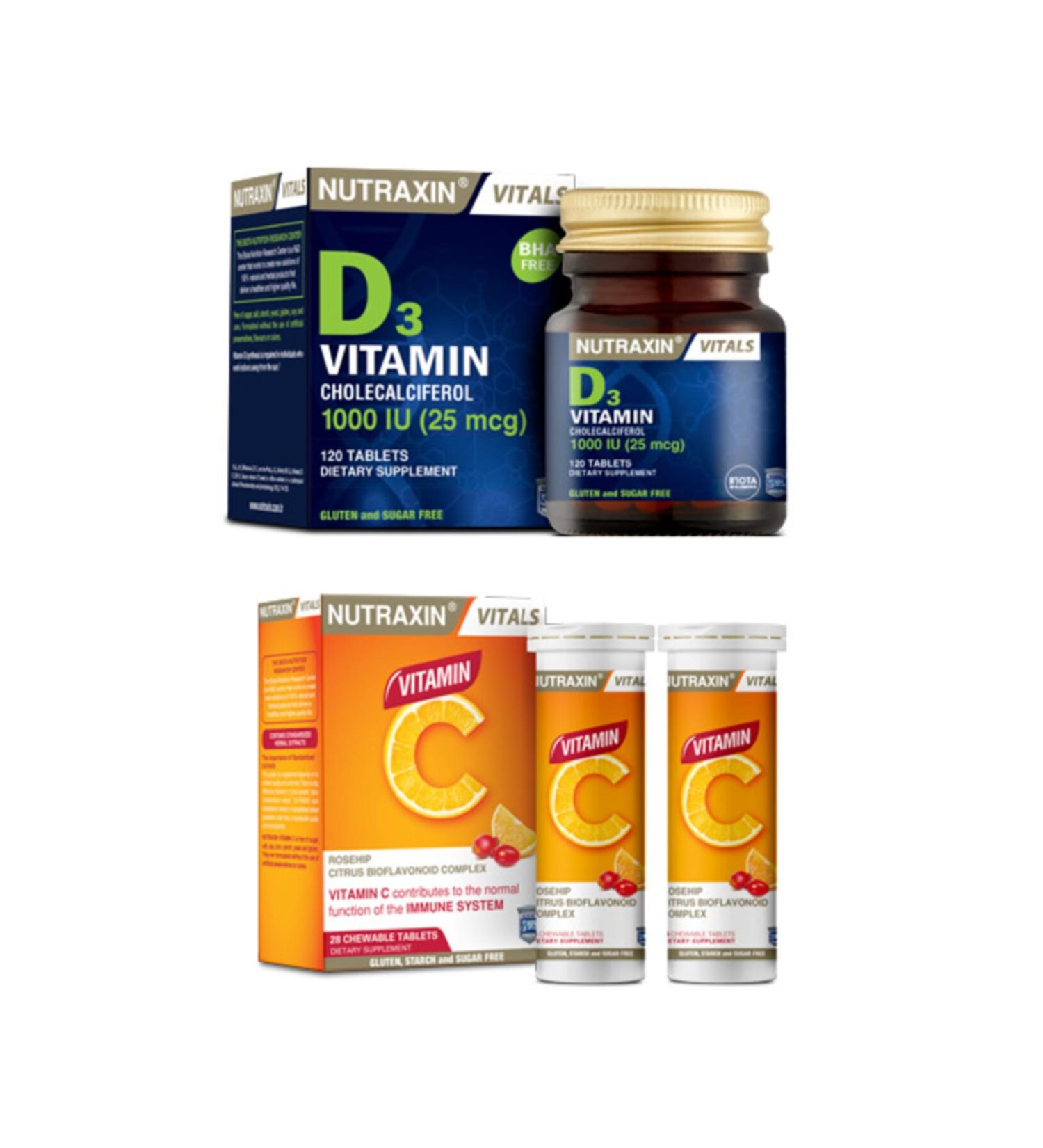 Nutraxin Vitamin and Mineral Supplement Vitamin D3 120 Tablets + Vitamin C 28 Chewable Tablets