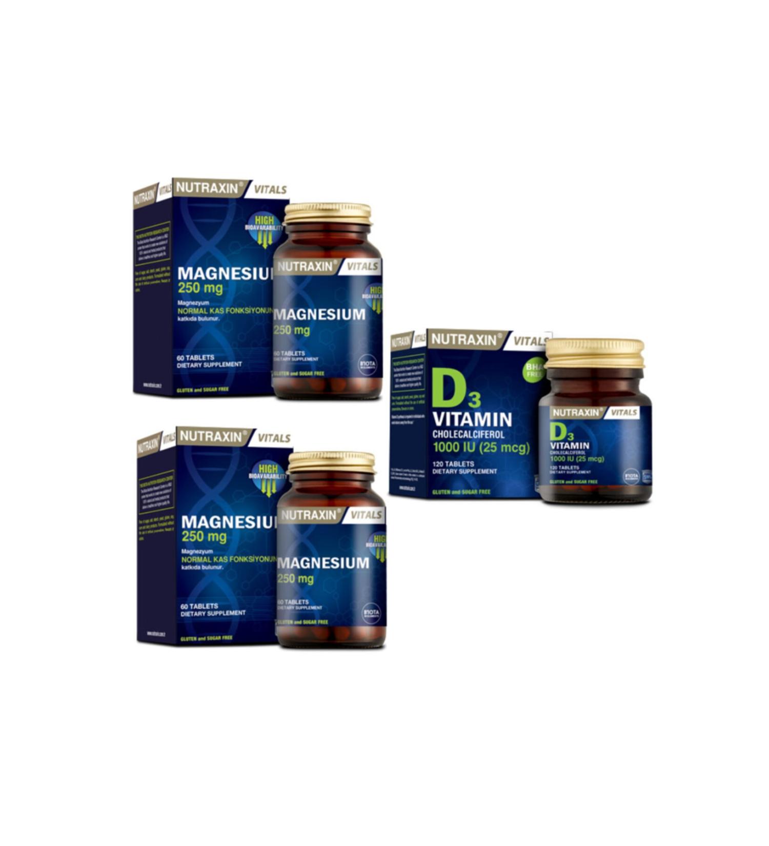 Nutraxin Magnesium 250 mg 60 Tablets X 2 Pieces + Vitamin D3 1000 Iu 120 Tablets
