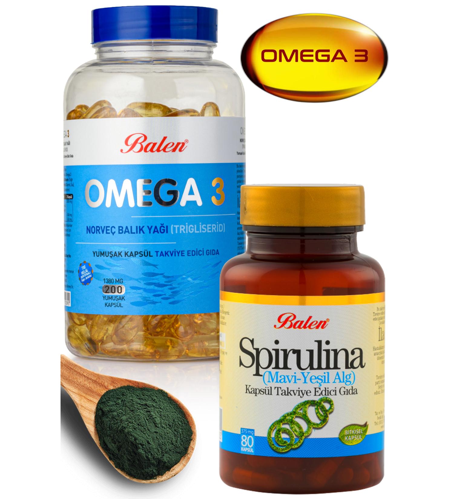 Balen Omega 3 Norwegian Fish Oil 200 Pieces + Spirulina Blue-Green Algae 80 Pieces Capsules