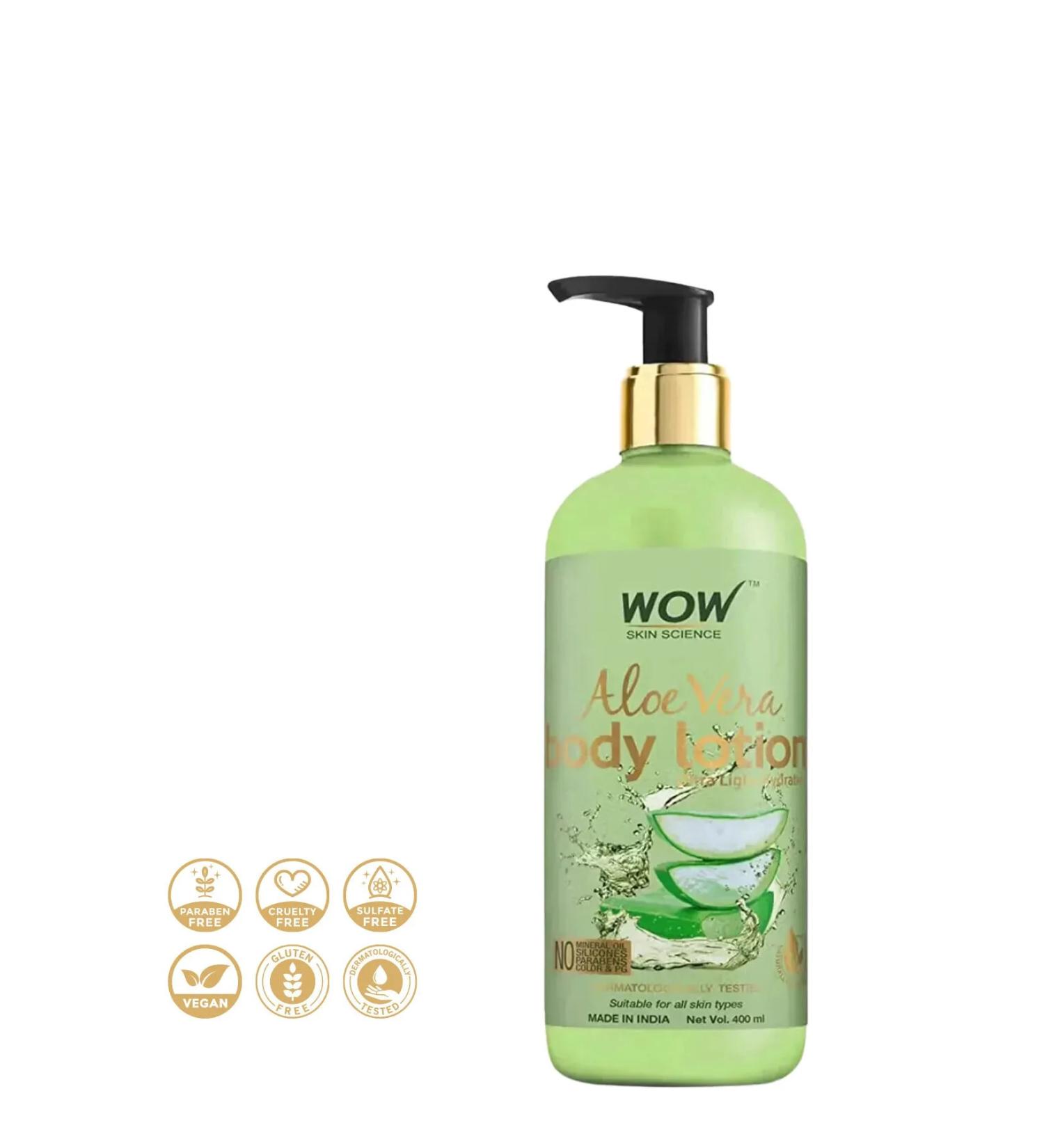 WOW Skin Science Aloe Vera Body Lotion - 5 Natural Ingredients - Ultra Light Moisturizer 400ml - Buy Online on GoSupps.com