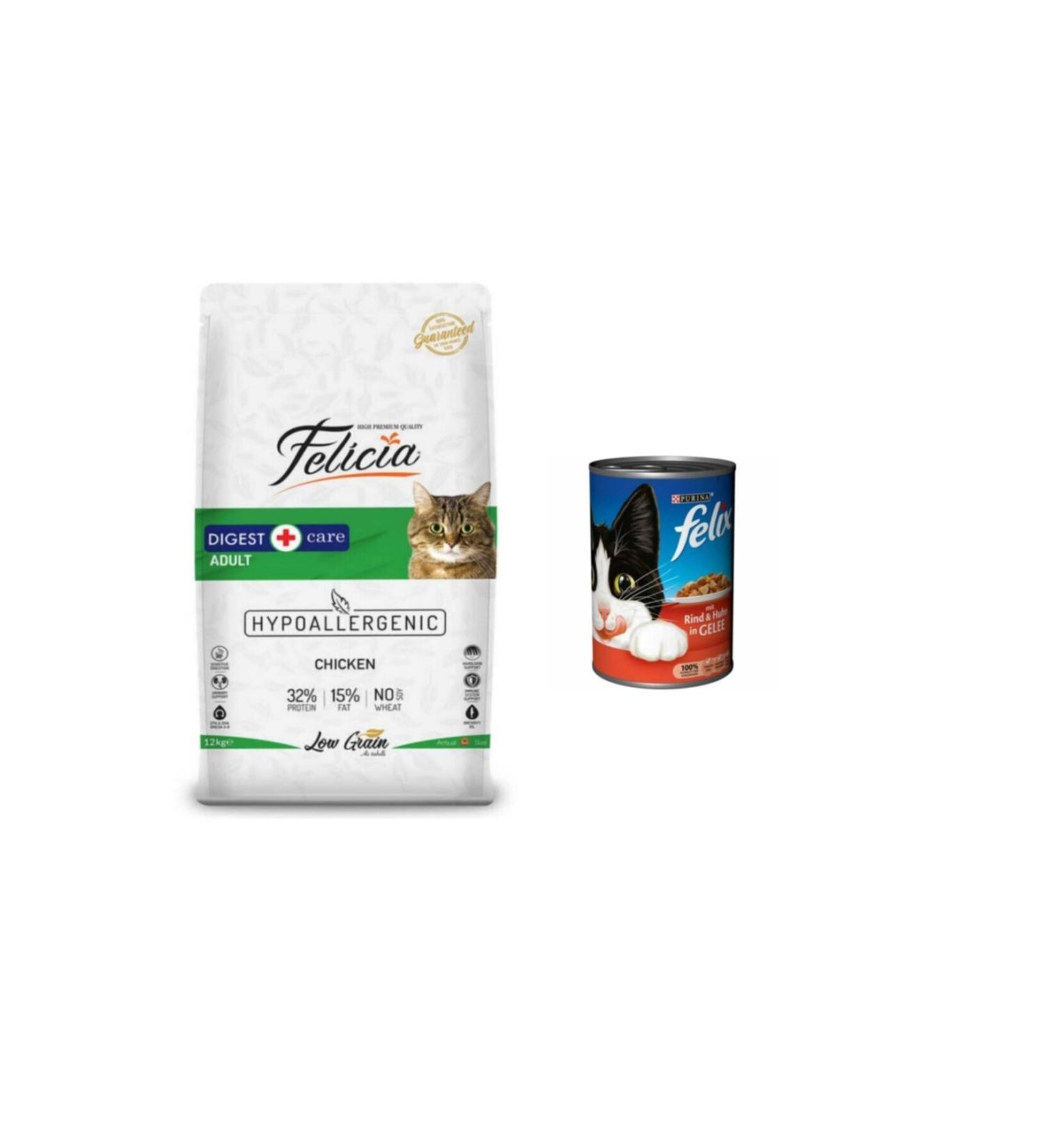 Felicia Hypoallergenic Chicken Adult Cat Food 12 kg + Felix 400 gr Canned Beef