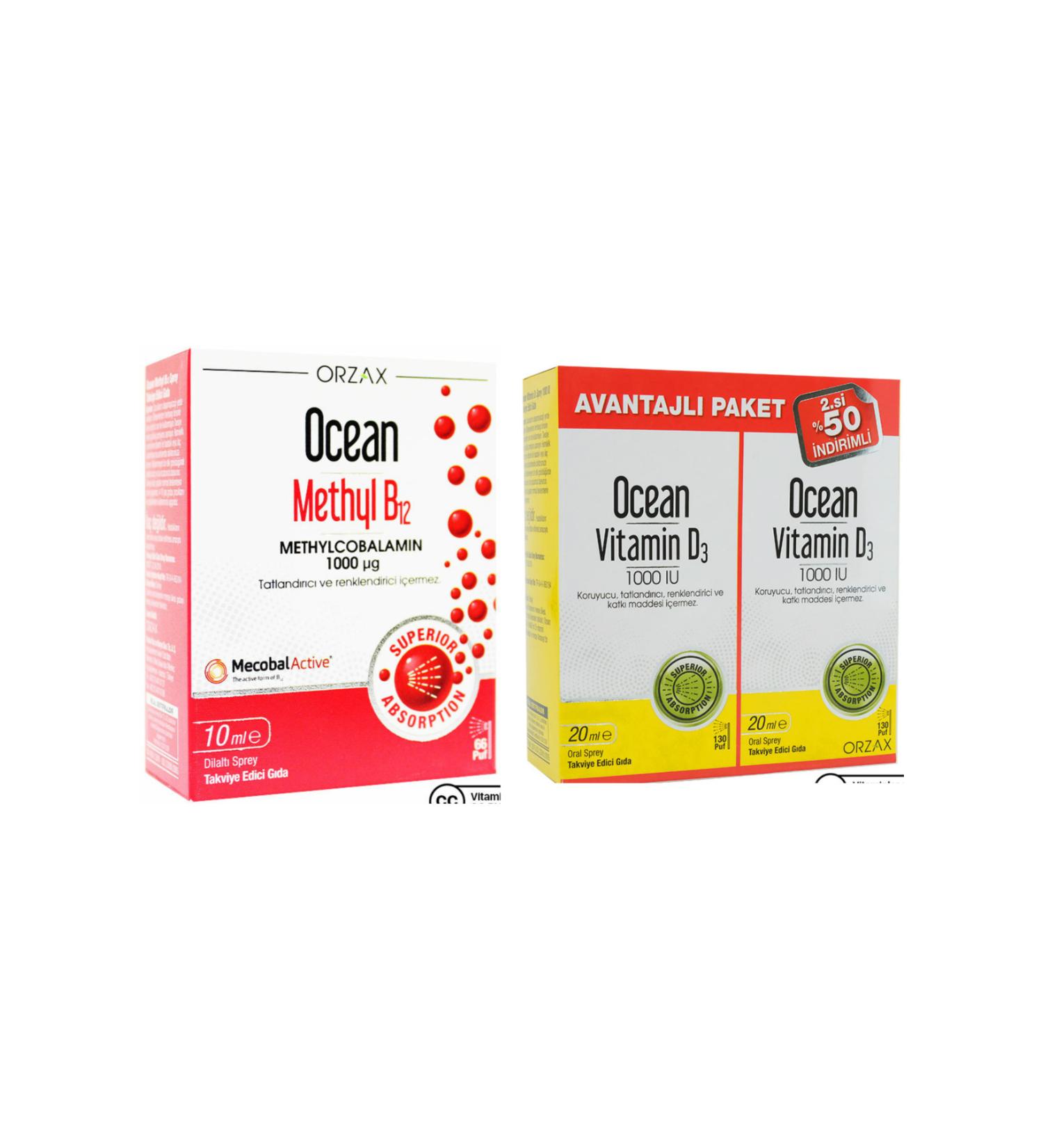 Ocean Methyl B12 1000 Mcg 10 ml Spray + Ocean Vitamin D3 1000 Iu Spray 20 Ml Advantage Pack of 2