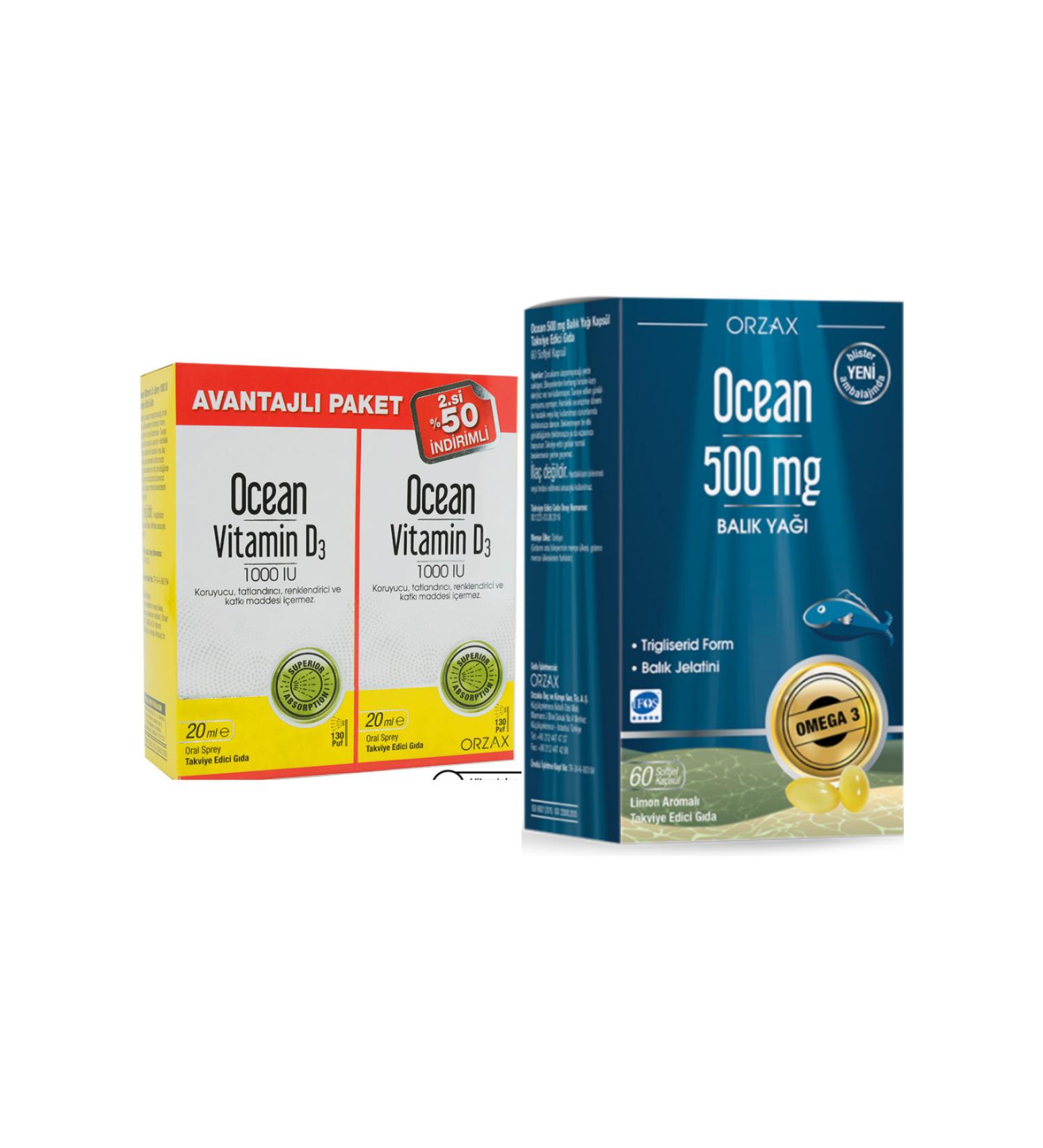 Ocean Vitamin D3 1000IU Spray 20ml 2-Pack Advantage + Fish Oil 500mg 60 Capsules