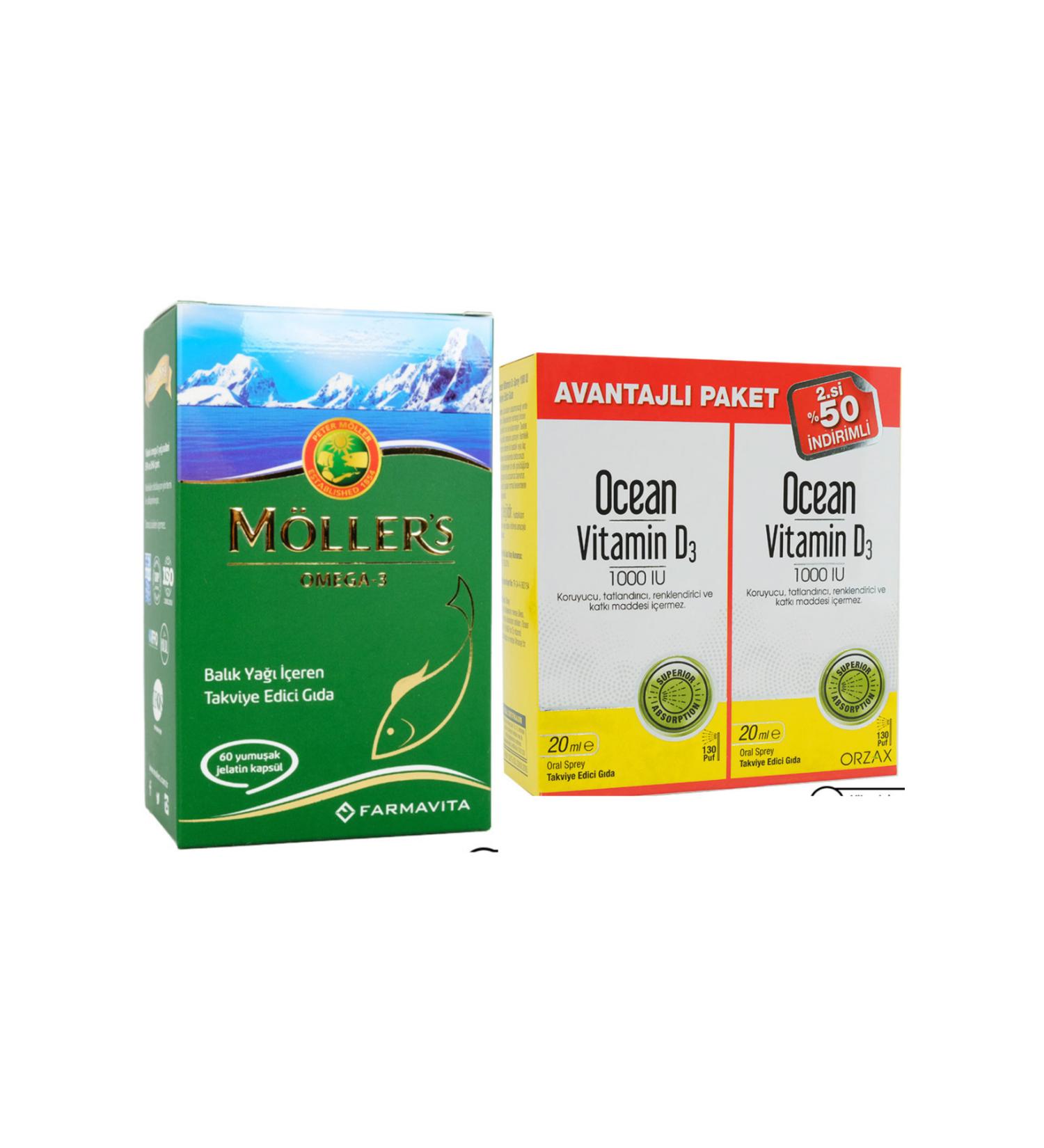 Mollers Fish Oil 60 Capsules + Vitamin D3 1000IU Spray 20ml 2 Pack