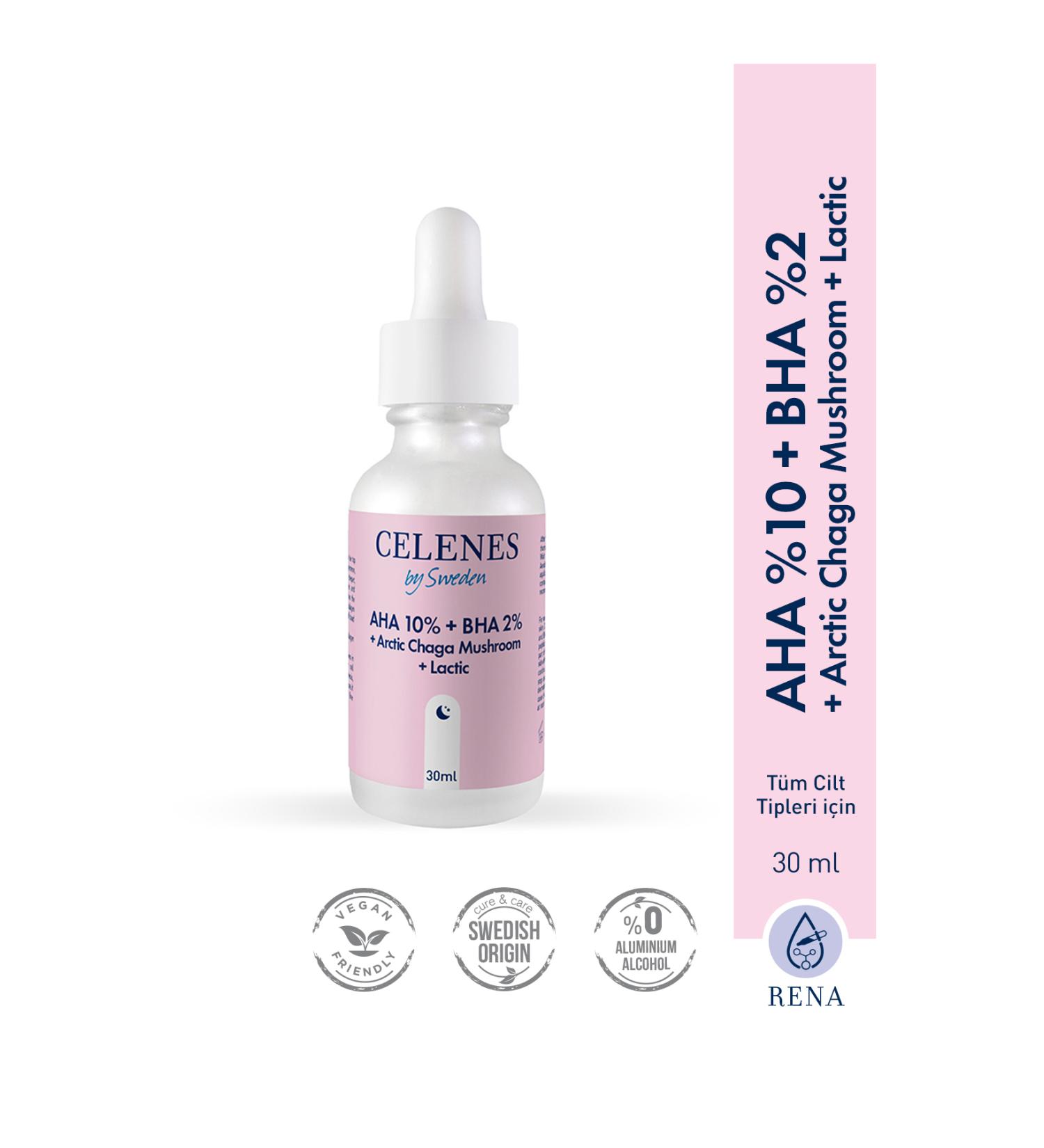 Celenes by Sweden AHA 10% + BHA 2% + ARCTIC CHAGA MUSHROOM + LACTIC SKIN BARRIER REPAIRING FACE SERUM KEYON1622 - Buy Online on GoSupps.com