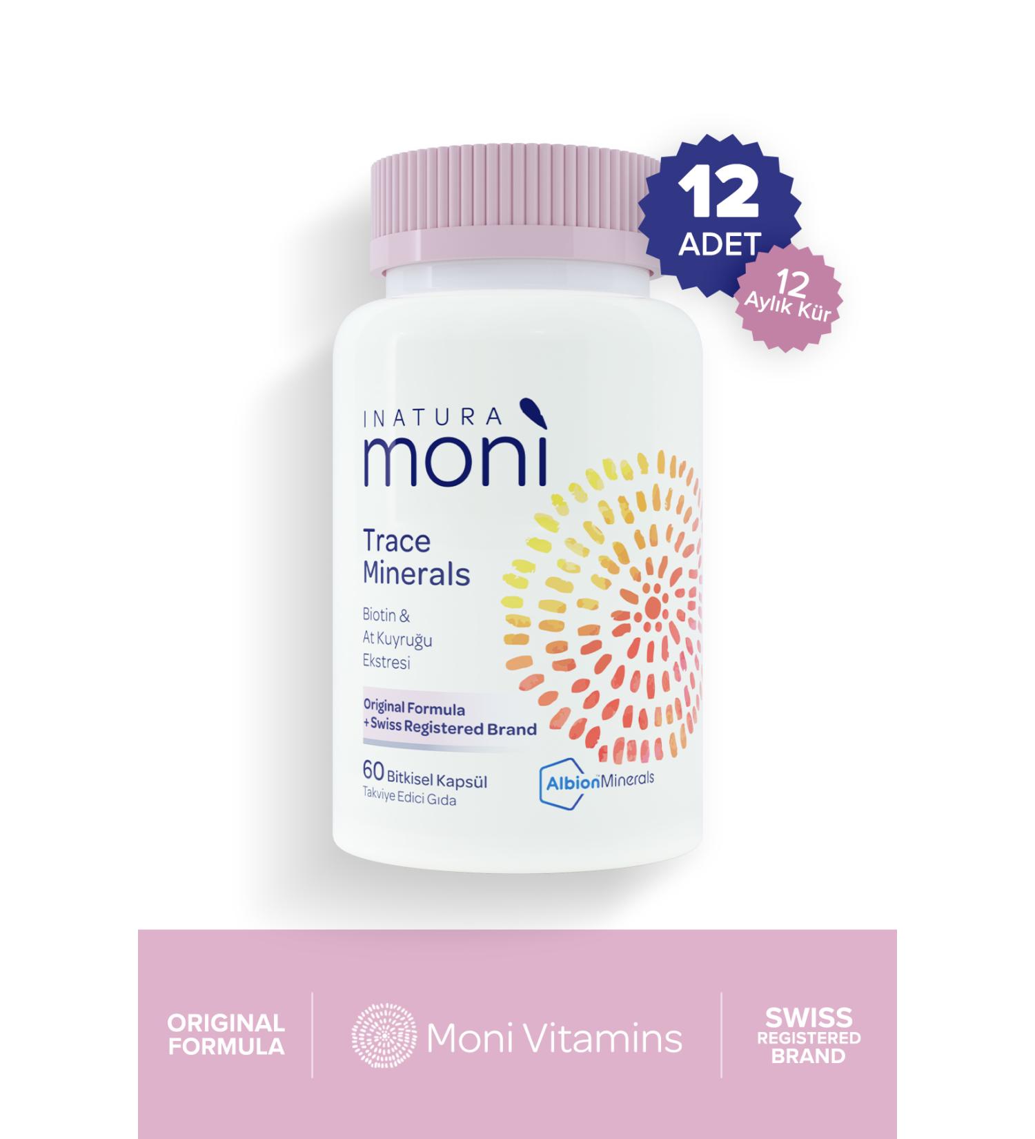 Inatura 12-Piece Moni Trace Minerals Biotin 5000 Chromium Zinc Selenium Horsetail Multivitamin 60 Vegan Capsules - Buy Online on GoSupps.com
