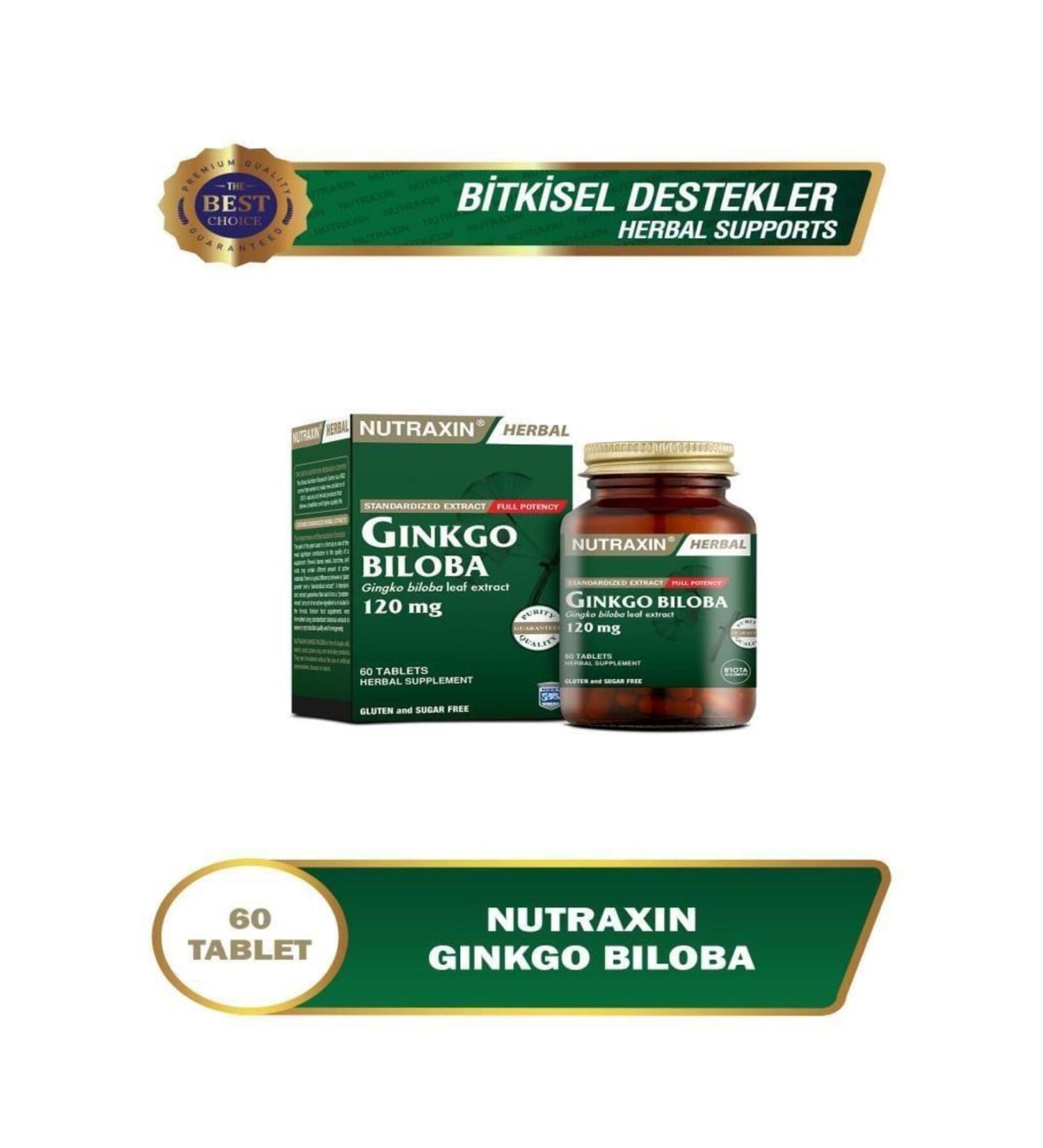 Nutraxin Ginkgo Biloba 60 Tablets Food Supplement Containing Ginkgo Biloba Extract. Elfakozmetik1