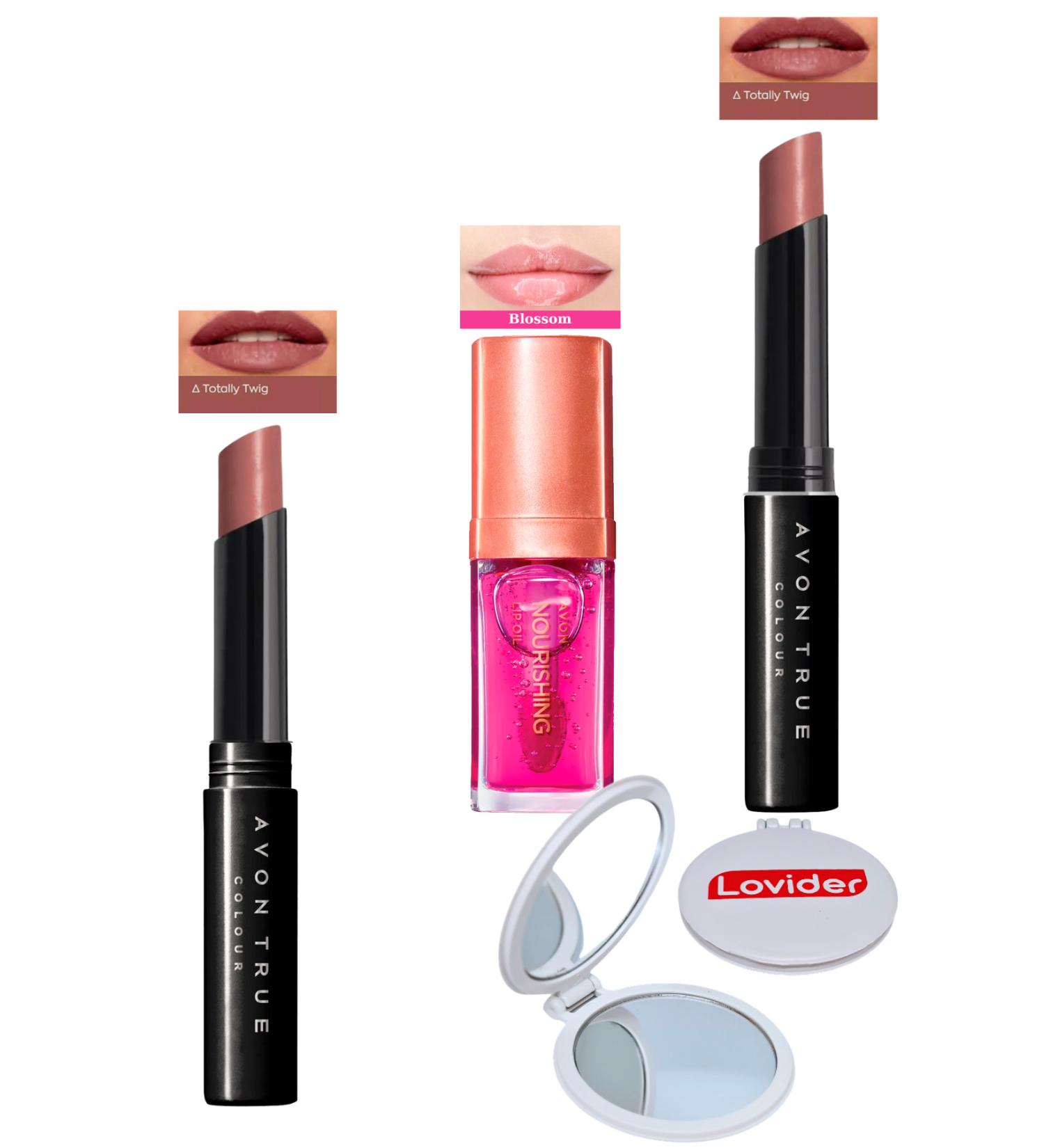 Avon Ultra Beauty Lipstick Totally Twig 2 Pack + Blossom Lip Care Oil + Lovider Pocket Mirror