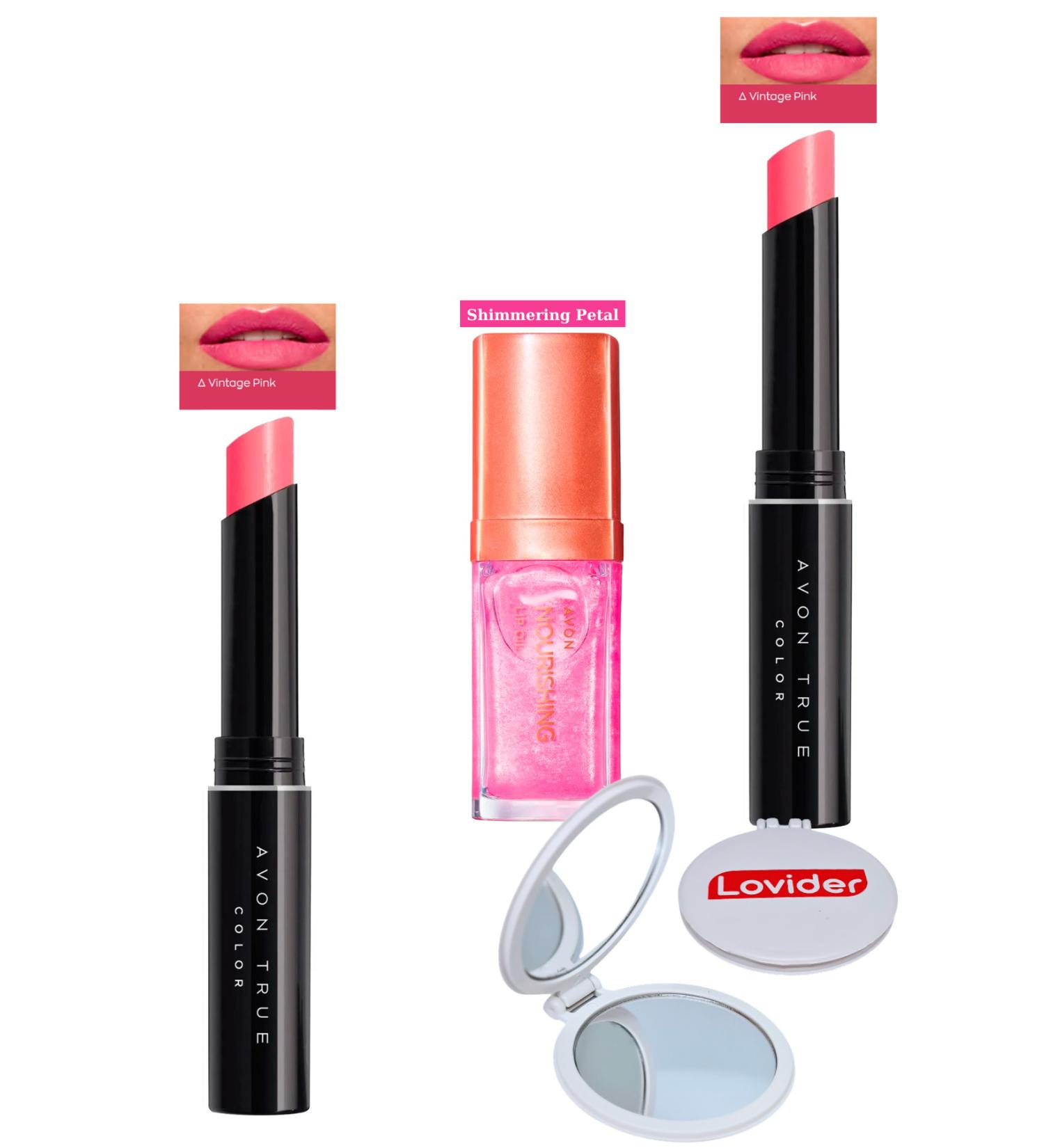 Avon Ultra Beauty Lipstick Vintage Pink 2 Pack + Shimmering Petal Lip Care Oil + Lovider Pocket Mirror