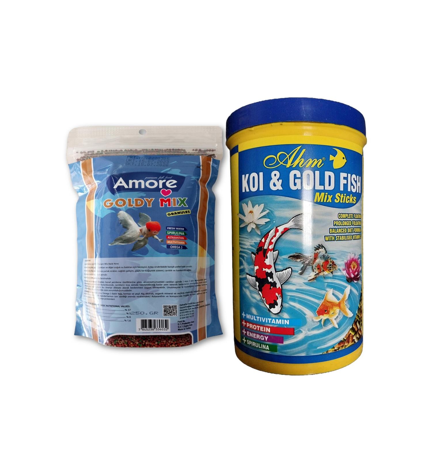 AMORE Goldy Mix 7 Protein 250 gr Easy-Fill-Pack Bag 1000ml AHM Koi Mix Pond Sticks Fish Food