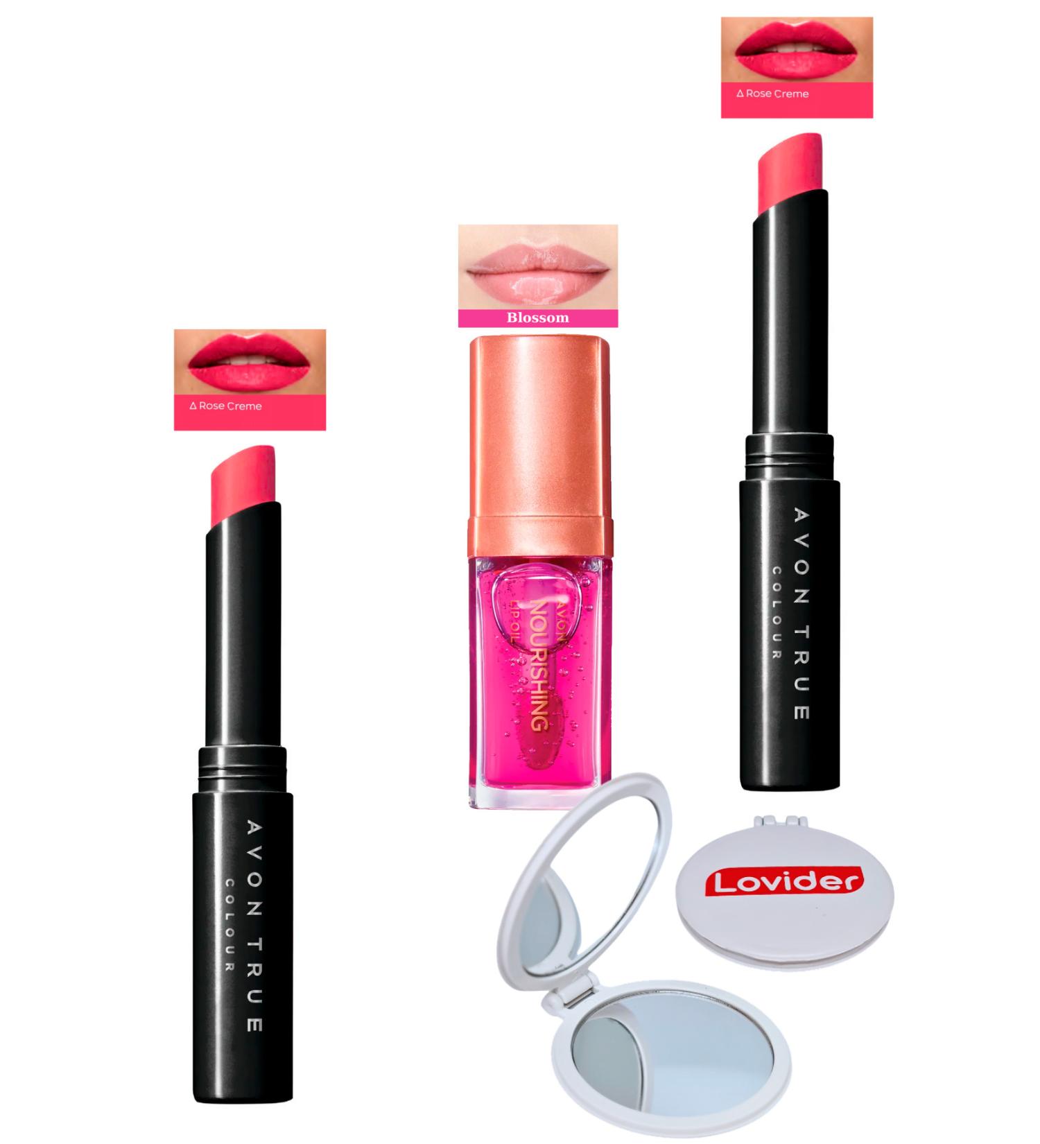 Avon Ultra Beauty Lipstick Rose Creme 2 Pack + Blossom Lip Care Oil + Pocket Mirror