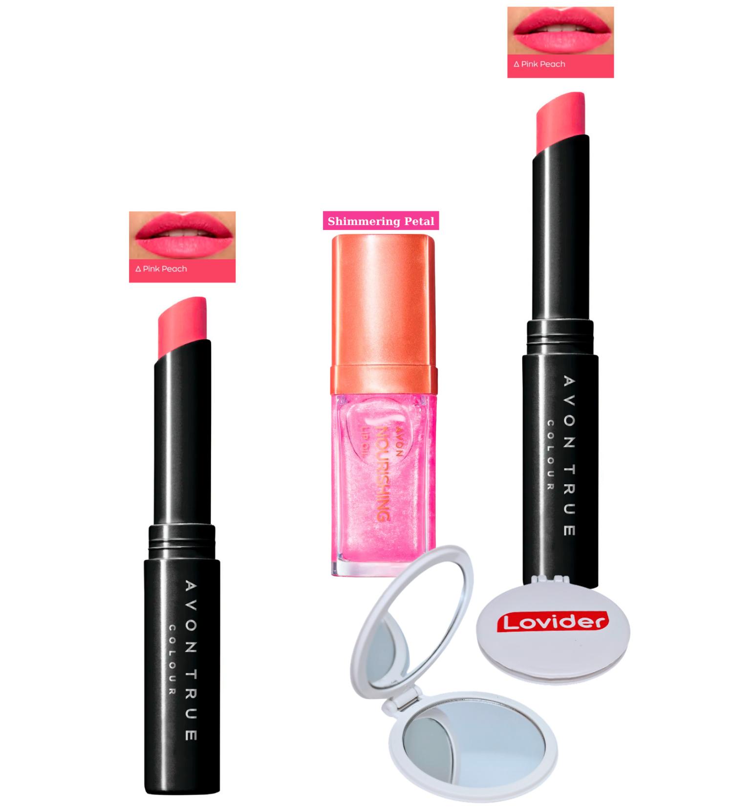 Avon Ultra Beauty Lipstick Pink Peach 2 Pack + Shimmering Petal Lip Care Oil + Lovider Pocket Mirror