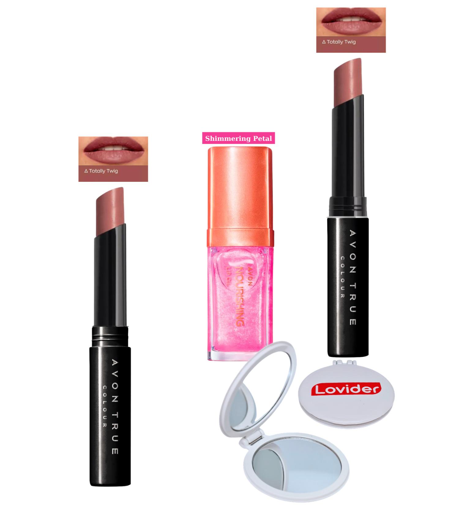 Avon Ultra Beauty Lipstick Totally Twig 2 Pack + Shimmering Petal Lip Care Oil + Lovider Pocket Mirror