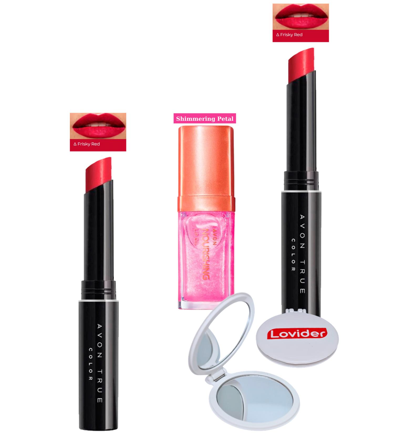Avon Ultra Beauty Lipstick Frisky Red 2 Pack + Shimmering Petal Lip Care Oil + Pocket Mirror