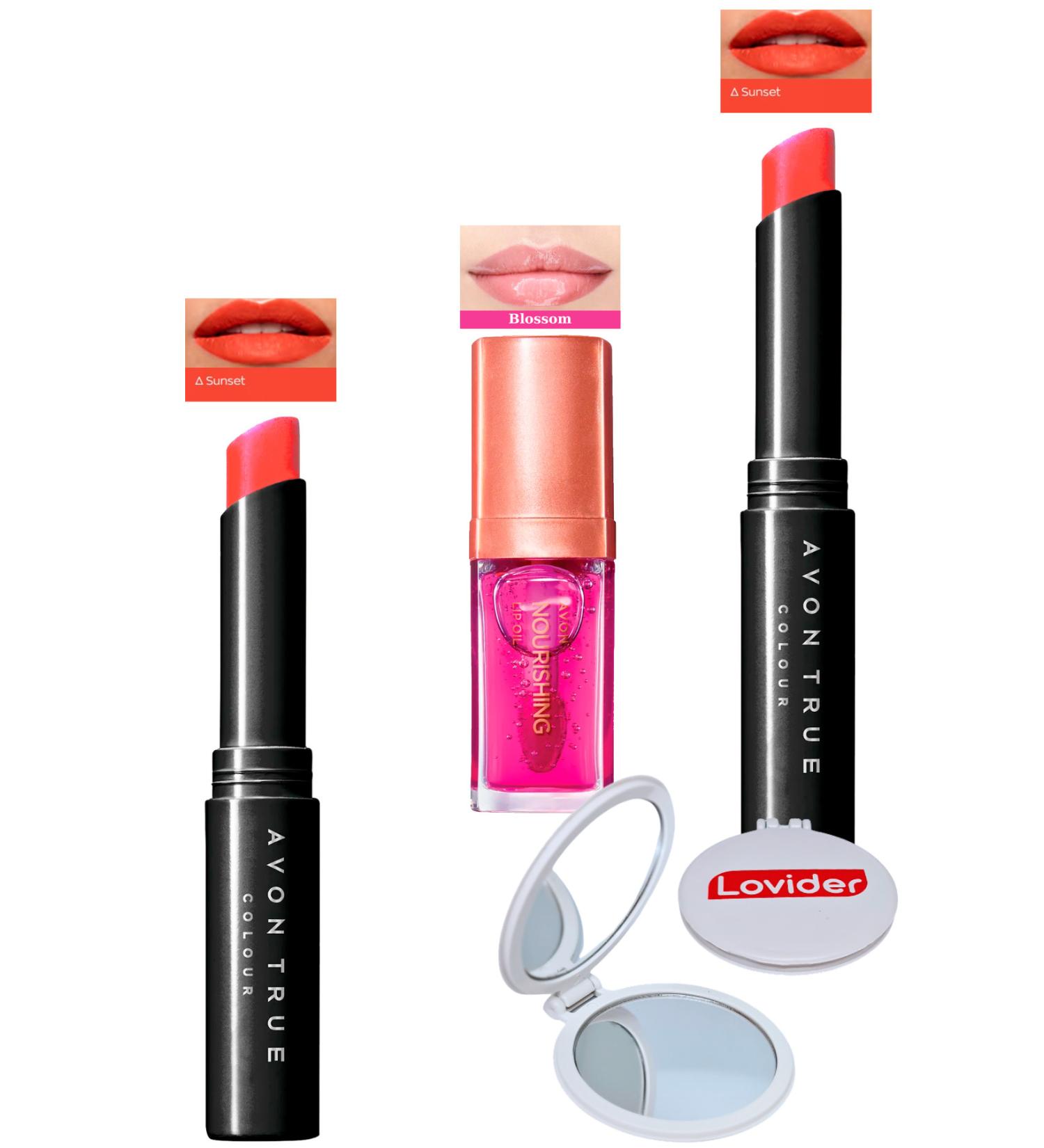 Avon Ultra Beauty Lipstick Sunset 2 Pack + Blossom Lip Care Oil + Lovider Pocket Mirror