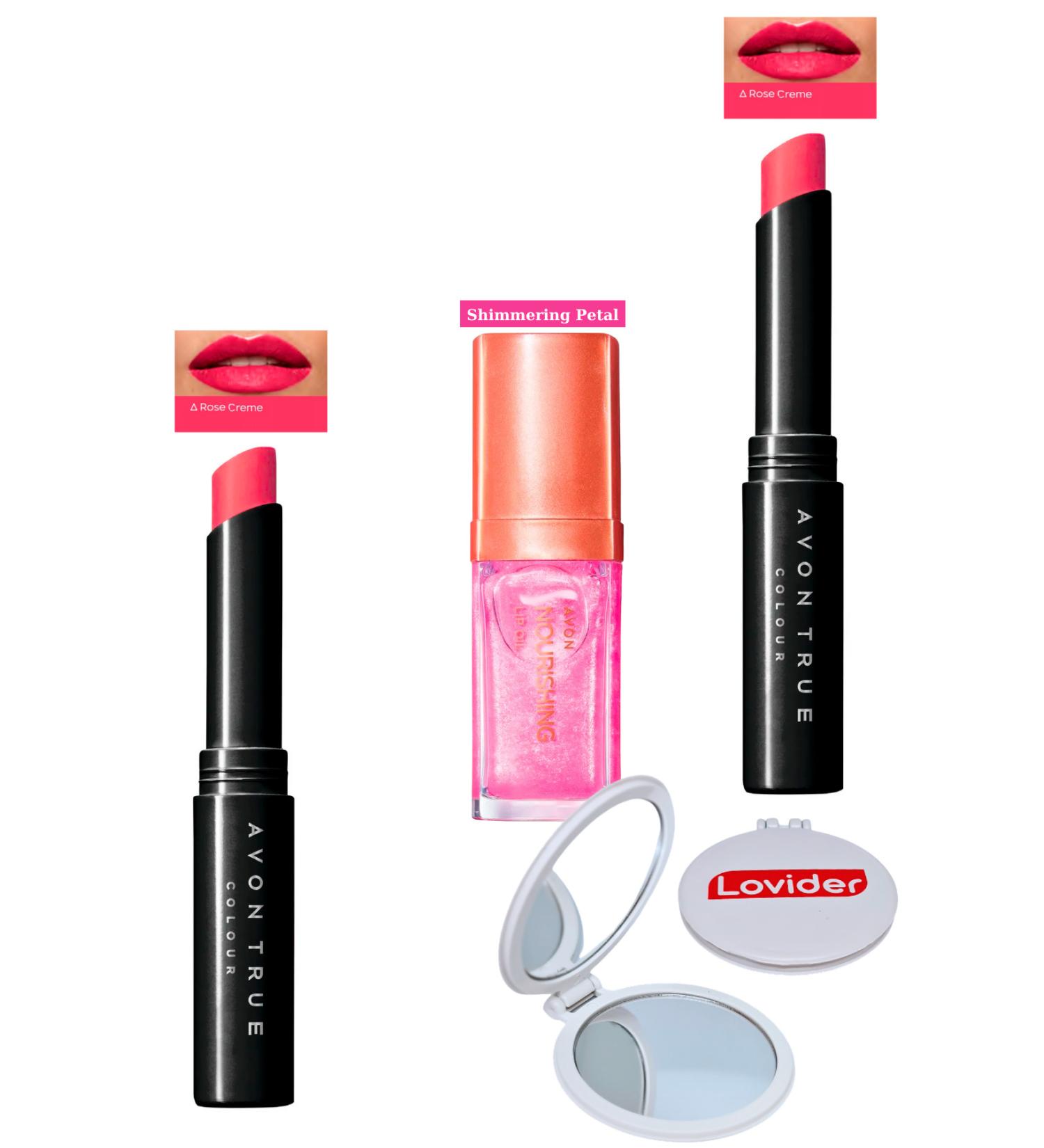 Avon Ultra Beauty Lipstick Rose Creme 2 Pack + Shimmering Petal Lip Care Oil + Lovider Pocket Mirror