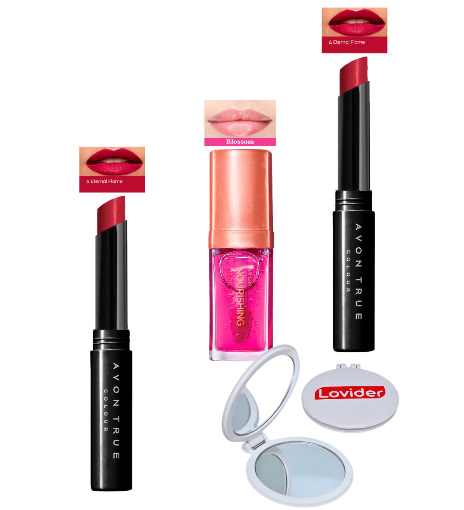 Avon Ultra Beauty Lipstick Eternal Flame 2 Pack + Blossom Lip Care Oil + Lovider Pocket Mirror - Buy Online on GoSupps.com