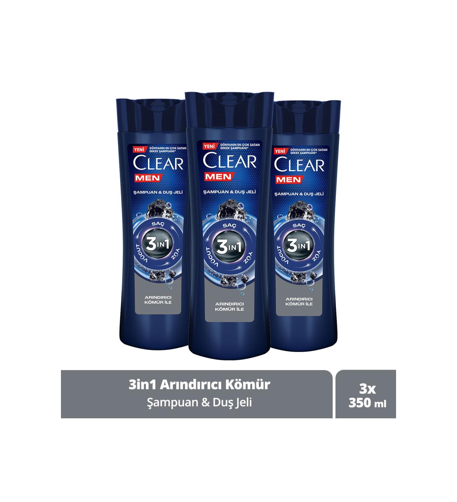 Clear Men 3 In 1 Shampoo & Shower Gel Purifying Charcoal For Hair Face Body 350ml X3 - Buy Online on GoSupps.com