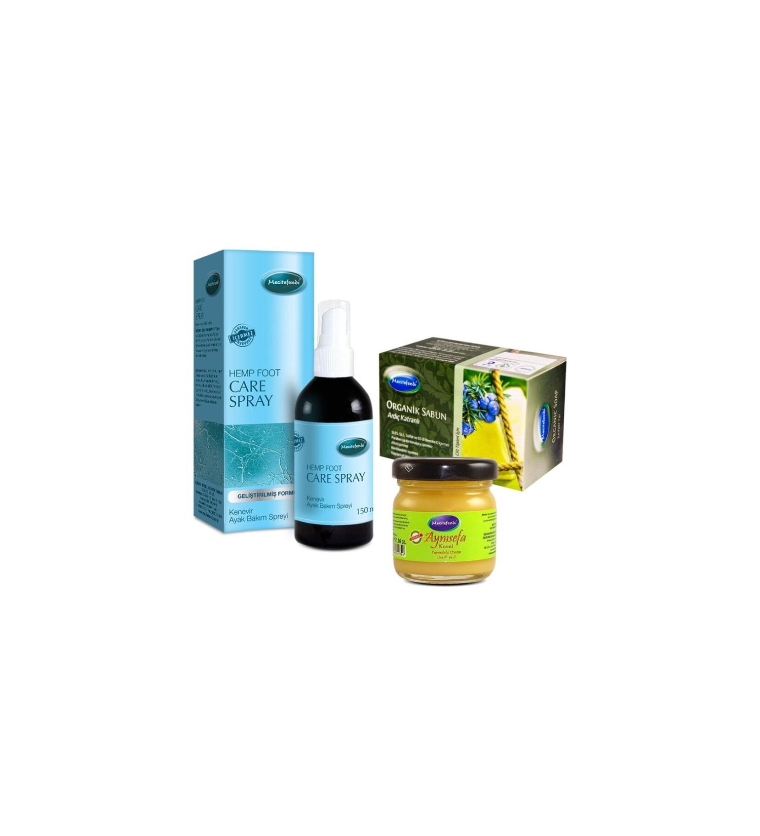 Mecit Efendi Hemp Foot Care Spray (1 Piece) + Organic Soap-Juniper Tar (1 Piece) + Calendula Cream (1 Piece)