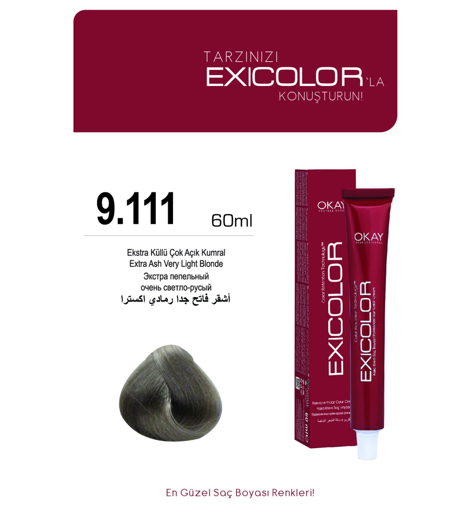 Exicolor 9.111 EXTRA ASH VERY LIGHT BLONDE Permanent Cream Hair Dye 60ml - Buy Online on GoSupps.com