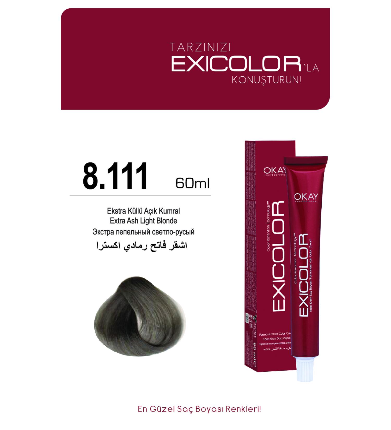Exicolor 8.111 EXTRA ASH LIGHT BLONDE Permanent Cream Hair Dye 60ml - Buy Online on GoSupps.com