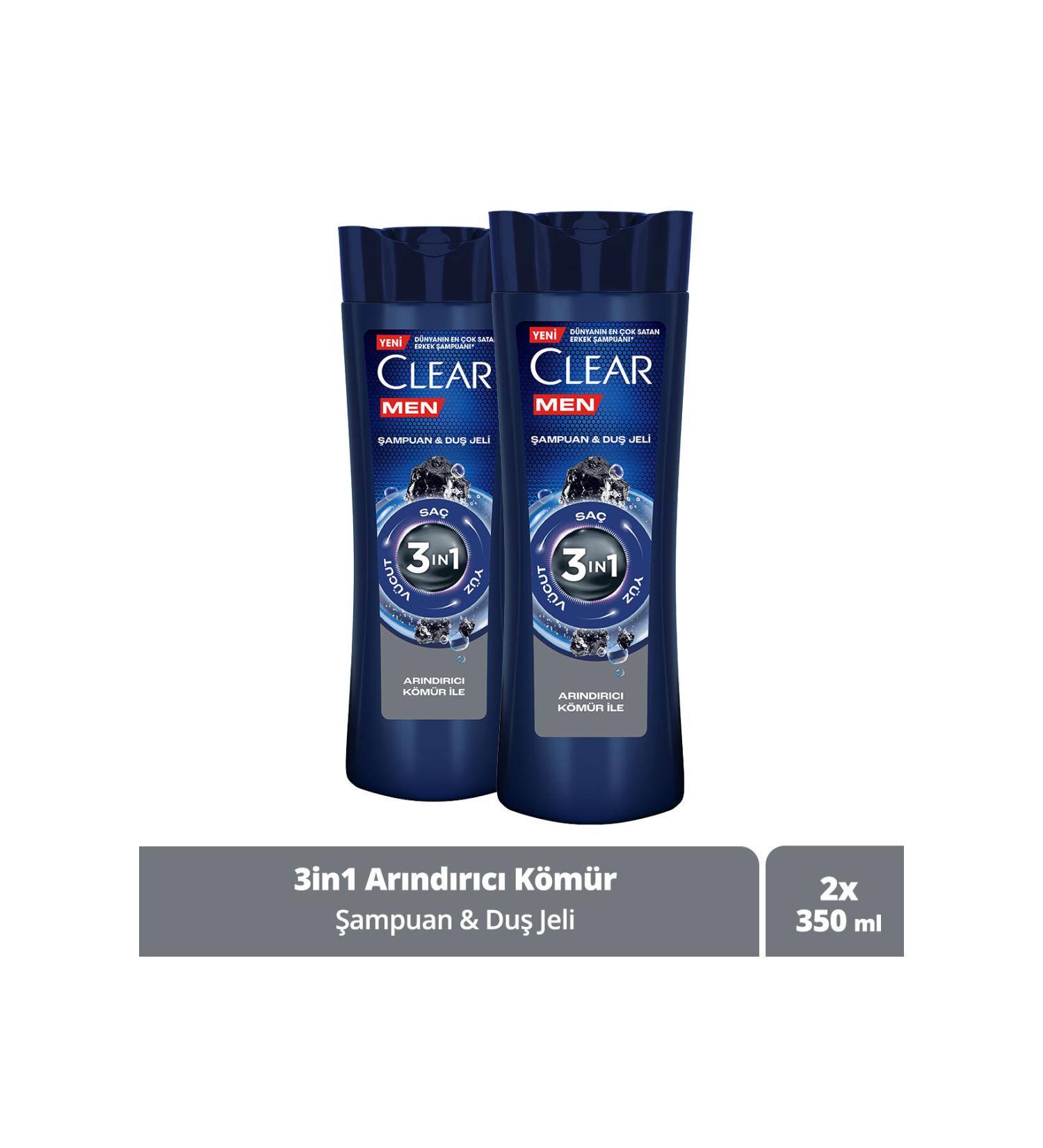 Clear Men 3 In 1 Shampoo & Shower Gel Purifying Charcoal For Hair Face Body 350ml X2 - Buy Online on GoSupps.com