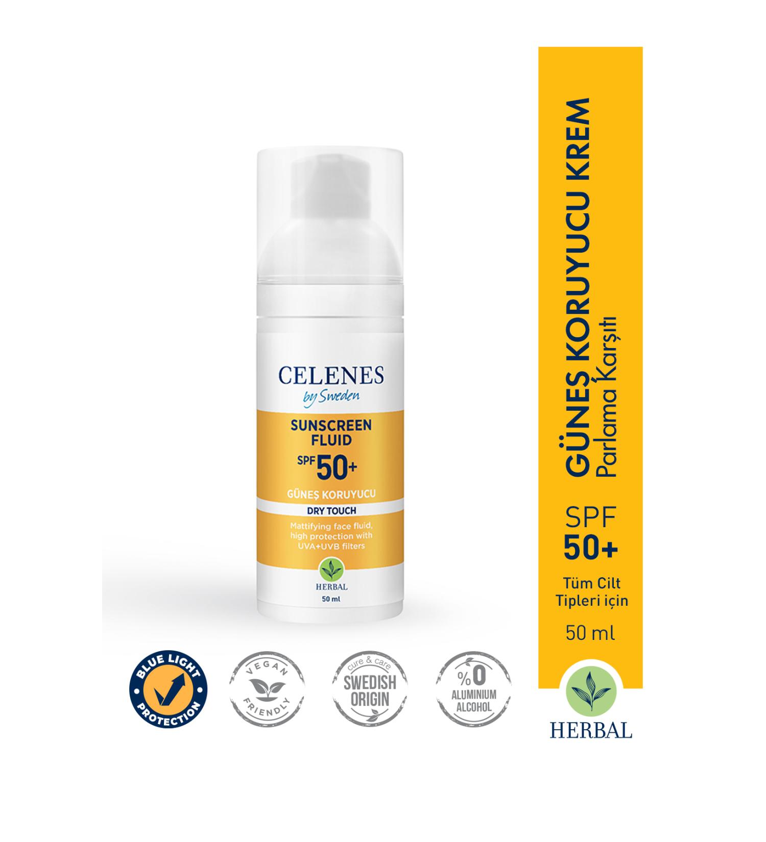 Celenes by Sweden HERBAL DRY TOUCH HIGH PROTECTION FLUID 50 SPF / SUNSCREEN / FACE AND D COLLET AREA KEYON2039