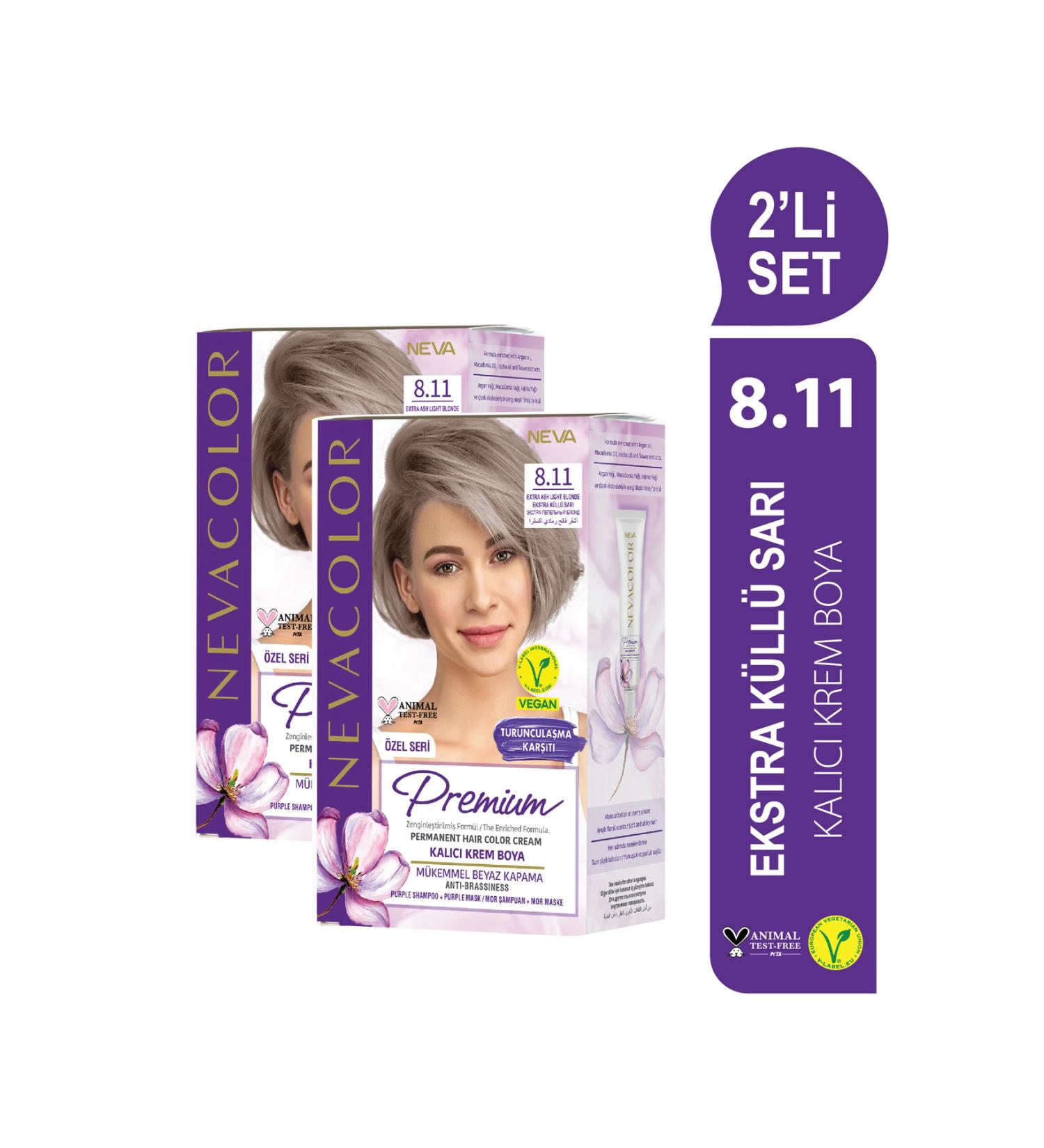 Nevacolor Premium 2-PIECE SET 8.11 EXTRA ASH BLONDE Permanent Cream Hair Dye Set