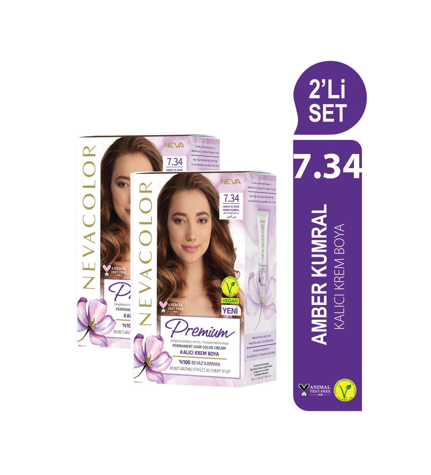 Nevacolor Premium 2-PIECE SET 7.34 AMBER BURNT Permanent Cream Hair Dye Set