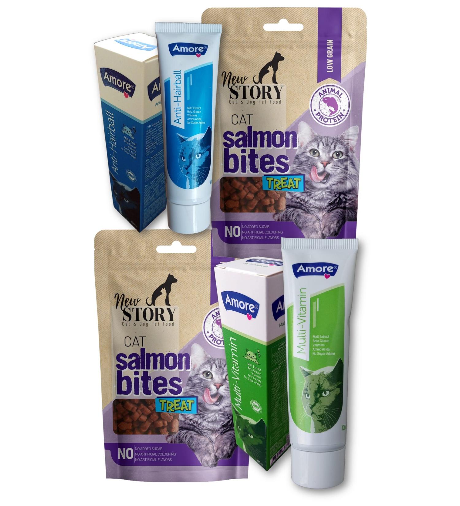 AMORE Anti Hairball Paste 100ml Multivitamin Malt Cat-Salmon-Bites 2x60gr Granular Salmon Cat Award