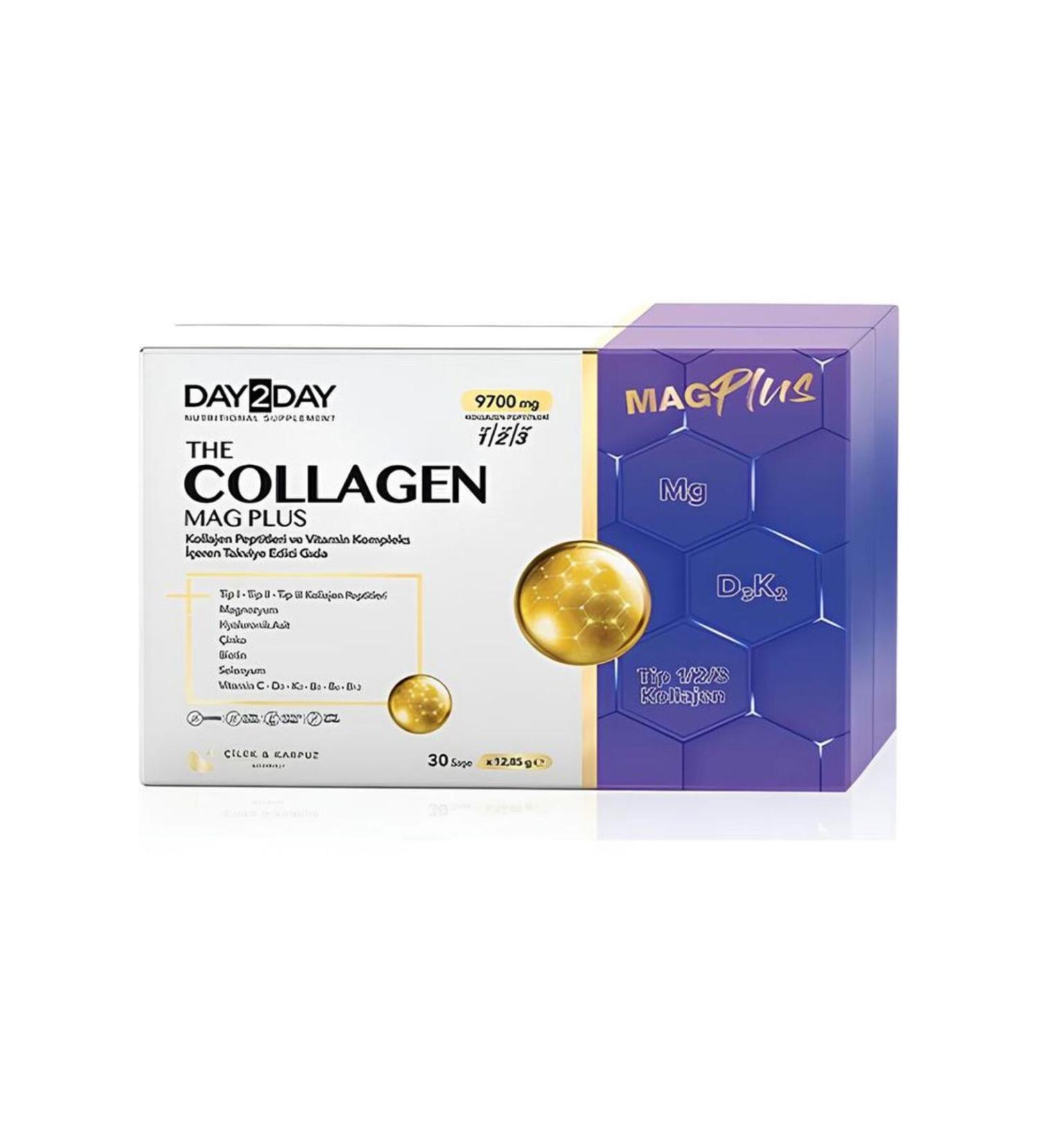 DAY2DAY The Collagen Mag Plus Collagen Peptides Vitamin Mineral Containing Supplementary Food 30 Sachets