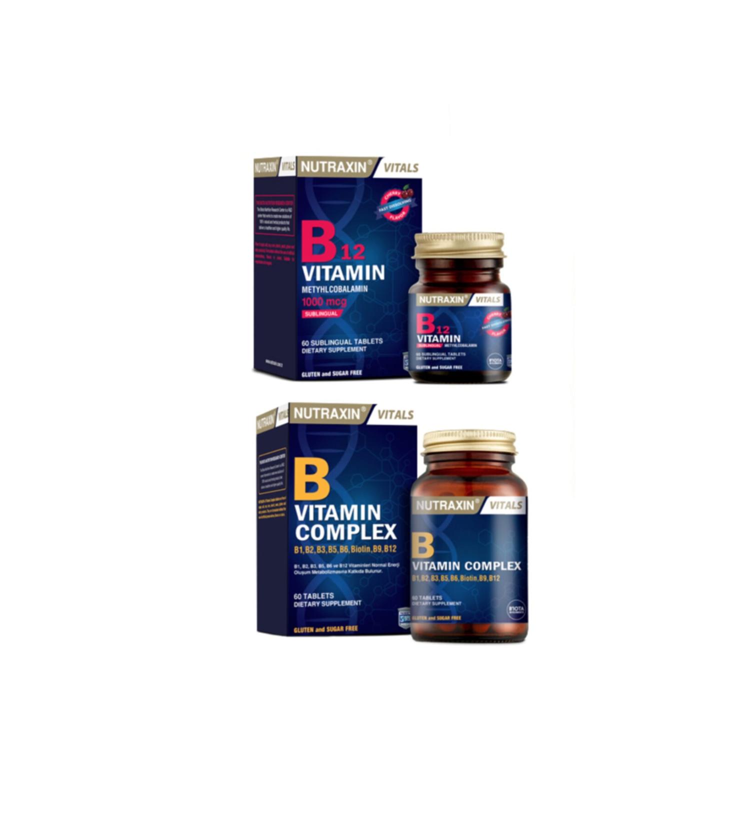Nutraxin Vitamin B12 1000 Mcg 60 Sublingual Tablet +B Vitamin Complex 60 Tablets Containing B1 B2 B3 B5 B6 B12