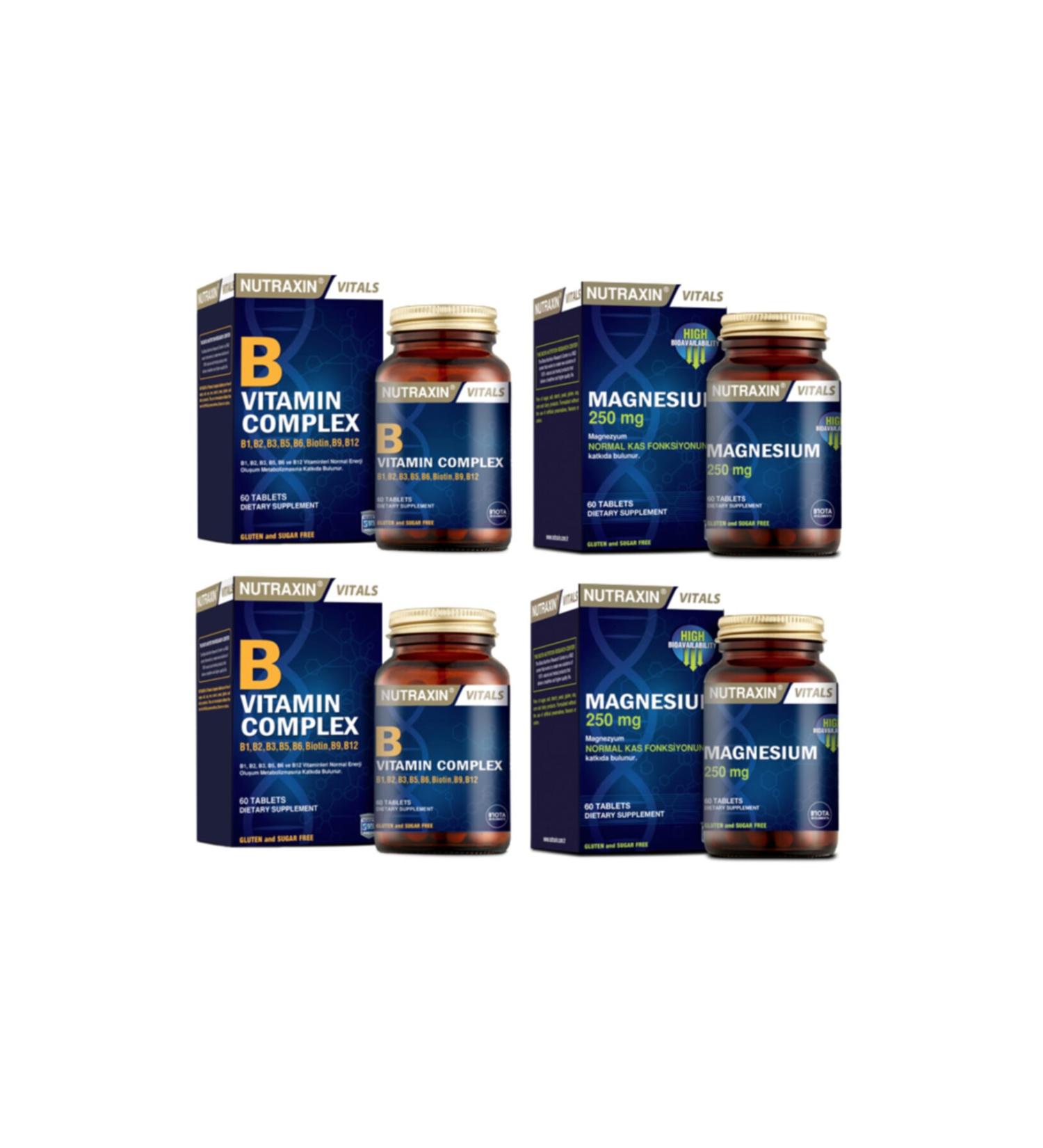 Nutraxin B1 B2 B3 B5 B6 B12 Containing Vitamin B 60 Tablets X2 Pieces + Magnesium 250 Mg 60 Tablets X2 Pieces